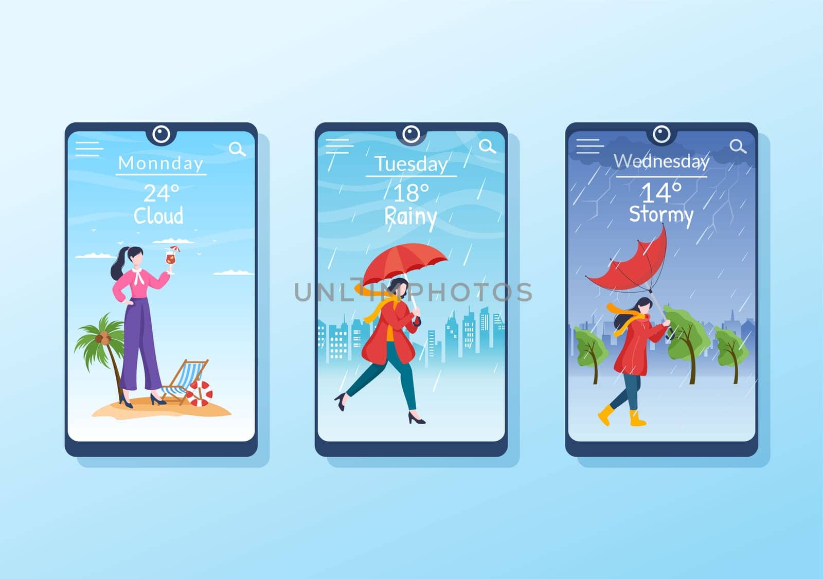 Types of Weather Conditions with Sunny, Cloudy, Windy, Rainy, Snow and Stormy in Template Hand Drawn Cartoon Flat Illustration