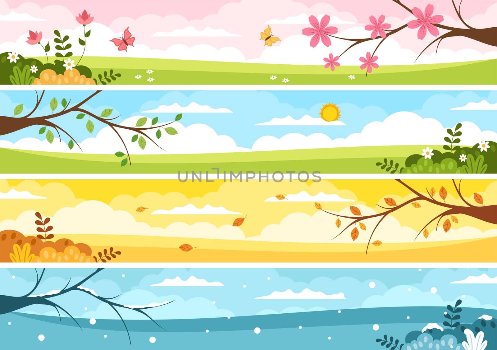 Scenery of the Four Seasons of Nature with Landscape Spring, Summer, Autumn and Winter in Template Hand Drawn Cartoon Flat Style Illustration