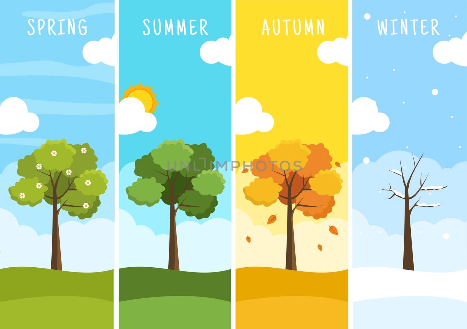 Scenery of the Four Seasons of Nature with Landscape Spring, Summer, Autumn and Winter in Template Hand Drawn Cartoon Flat Style Illustration