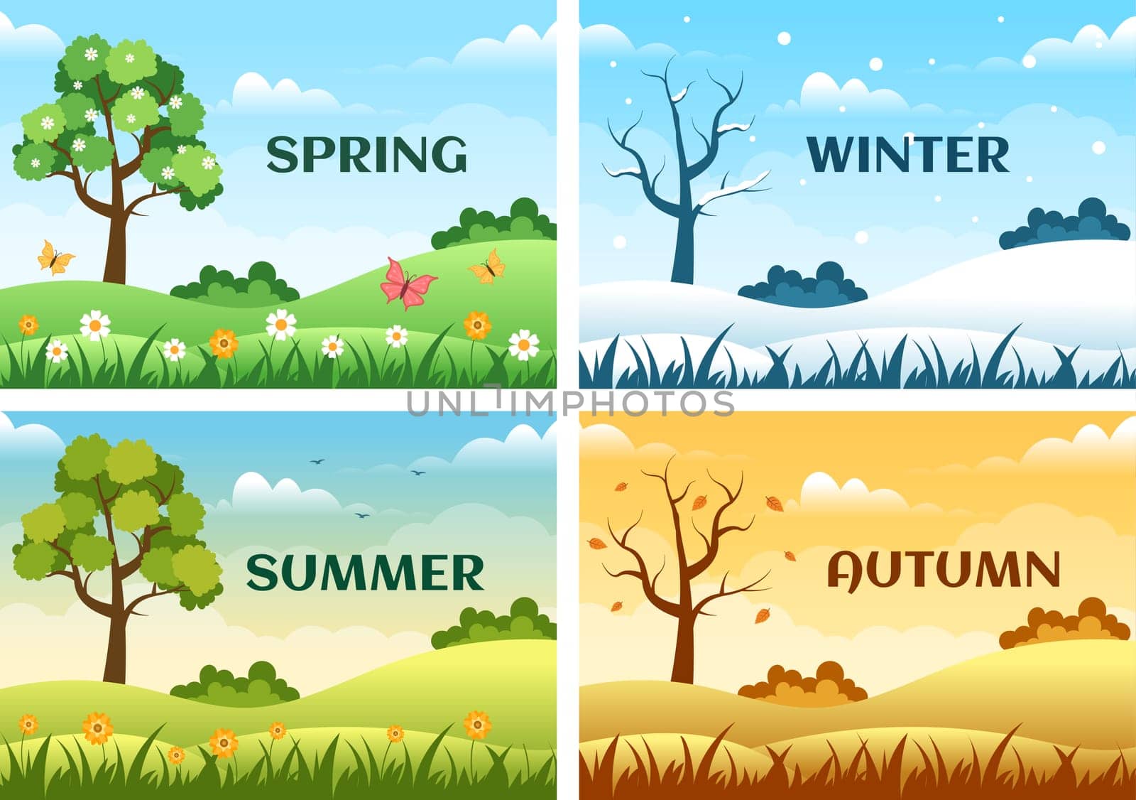 Scenery of the Four Seasons of Nature with Landscape Spring, Summer, Autumn and Winter in Template Hand Drawn Cartoon Flat Style Illustration