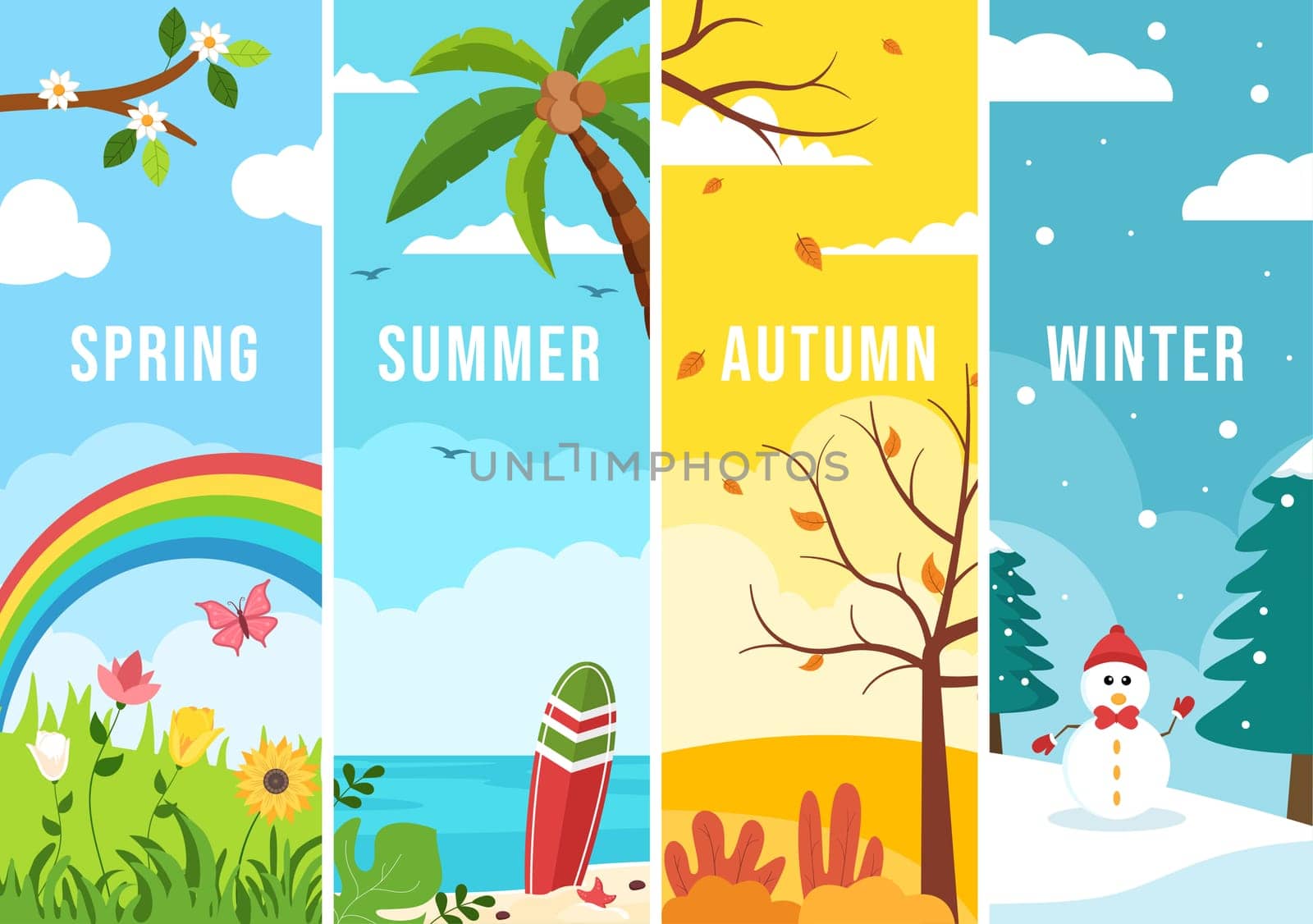 Scenery of the Four Seasons of Nature with Landscape Spring, Summer, Autumn and Winter in Template Hand Drawn Cartoon Flat Style Illustration