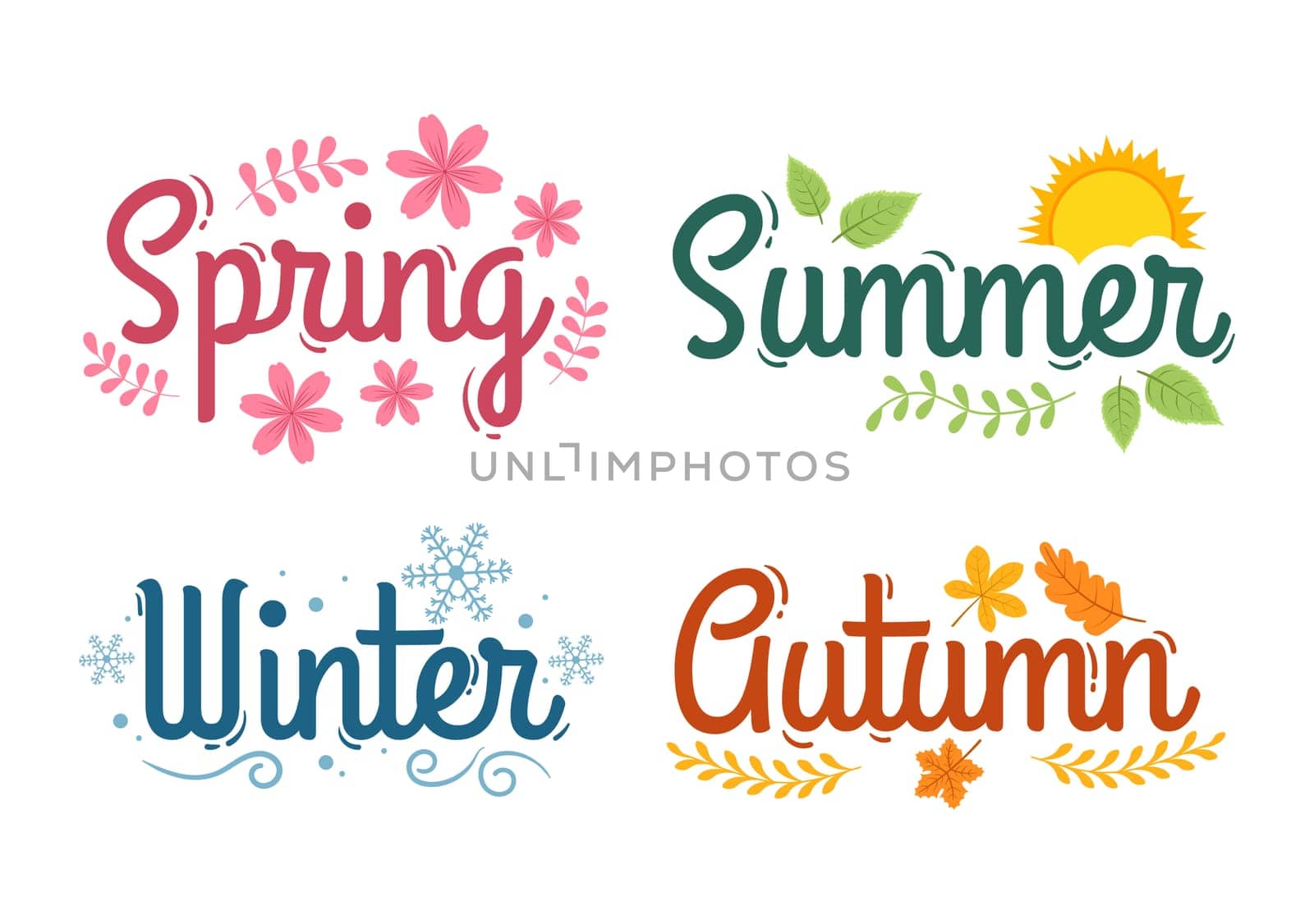 Scenery of the Four Seasons of Nature with Landscape Spring, Summer, Autumn and Winter in Template Hand Drawn Cartoon Flat Style Illustration