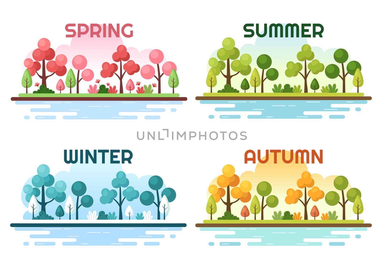 Scenery of the Four Seasons of Nature with Landscape Spring, Summer, Autumn and Winter in Template Hand Drawn Cartoon Flat Style Illustration