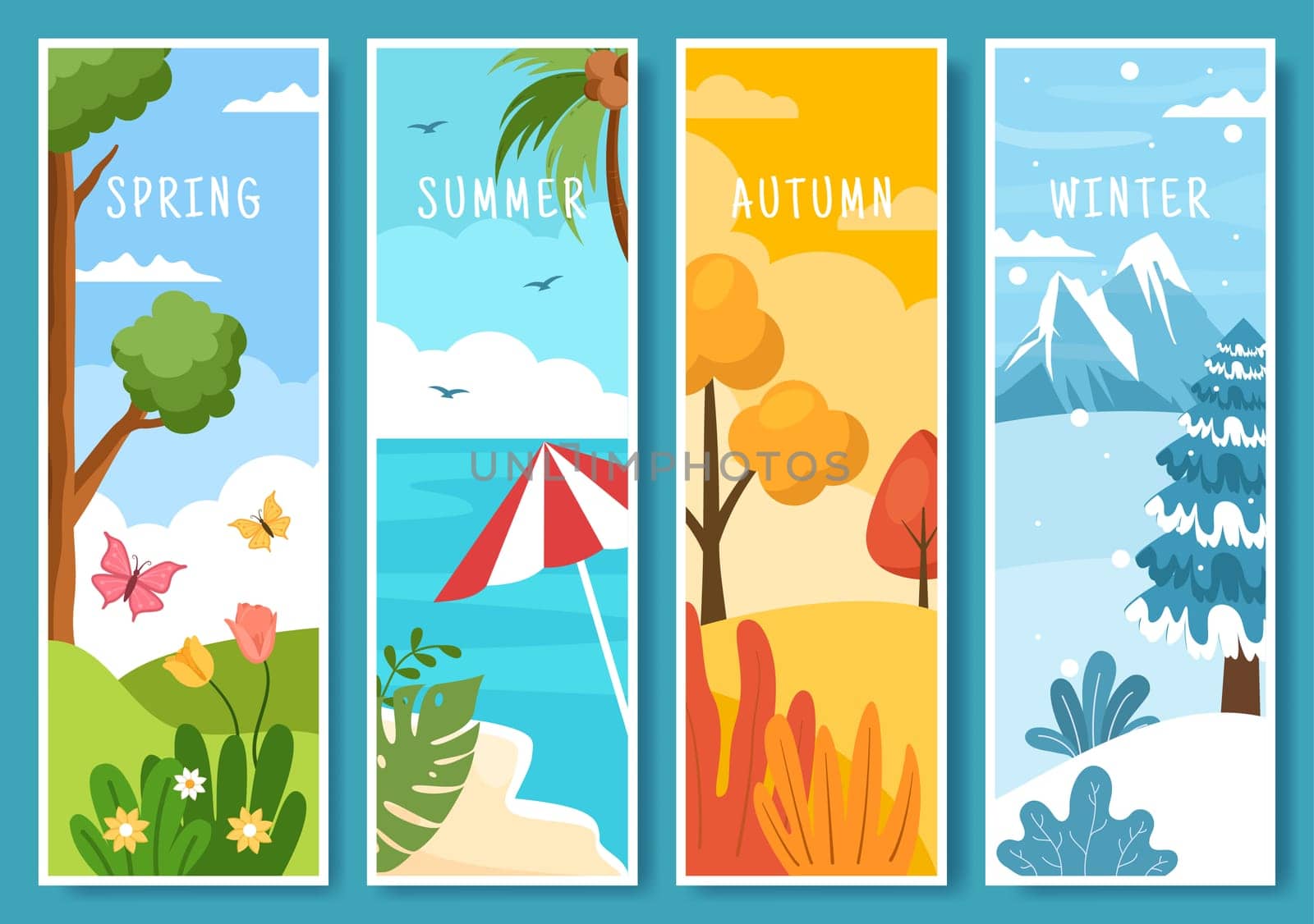 Scenery of the Four Seasons of Nature with Landscape Spring, Summer, Autumn and Winter in Template Hand Drawn Cartoon Flat Style Illustration