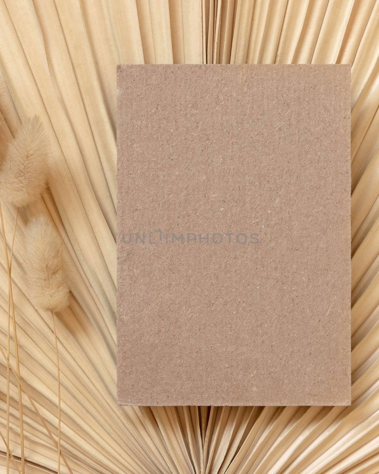 Blank card on dry beige palm leaf near hare's tail grass top view, mockup. Boho scene with kraft paper card. Bohemian or close to nature greeting or wedding Invitation. Minimal composition.