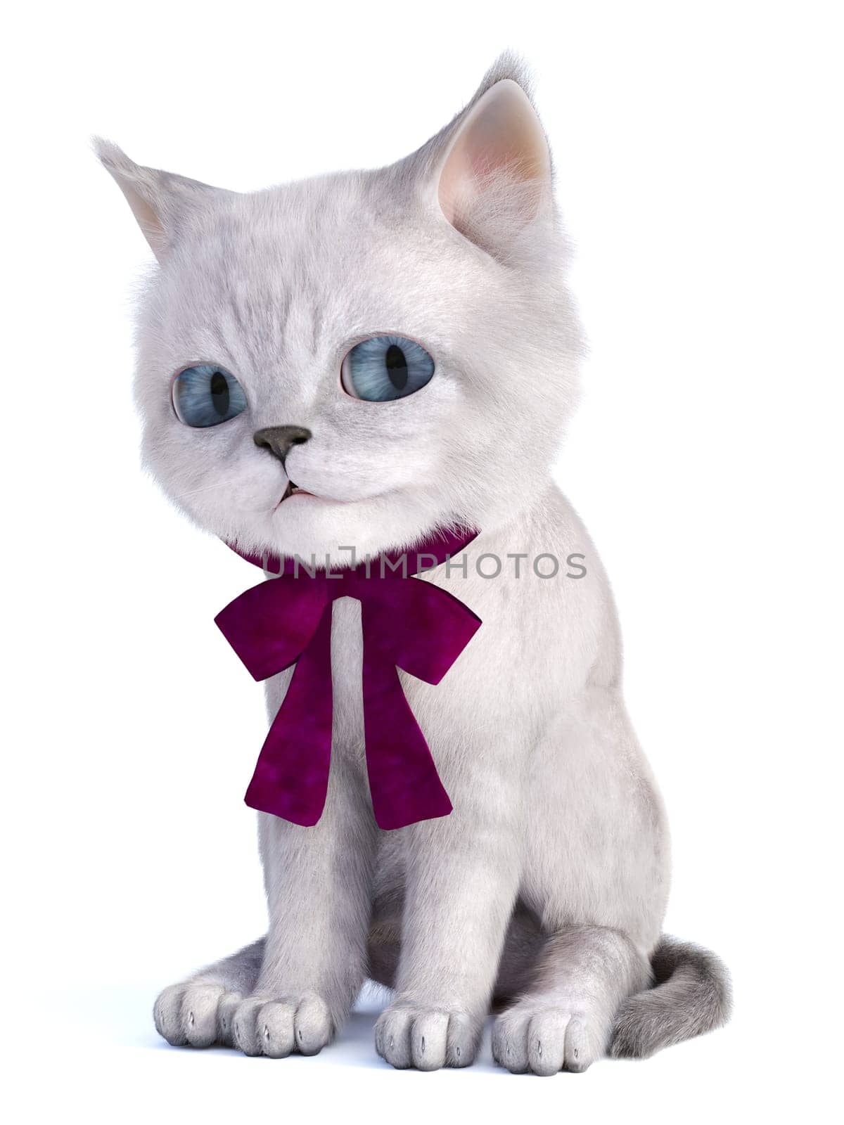 3D rendering of a cute kitten with big blue eyes and a purple bow. White background.