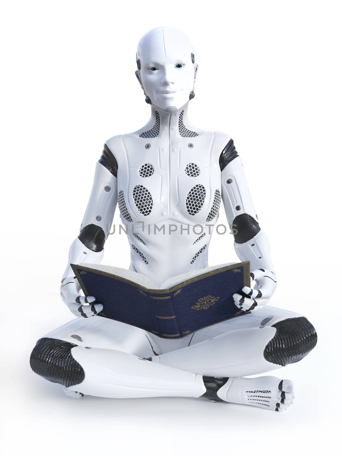 3D rendering of robotic woman sitting cross legged on the floor and smiling while holding a book. White background.
