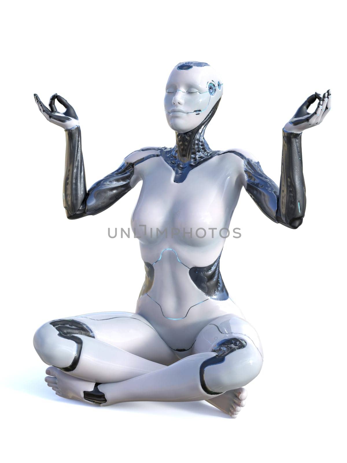 3D rendering of robotic woman sitting cross legged on the floor in lotus pose holding her arms up doing gyan mudra with fingers and meditating. White background.