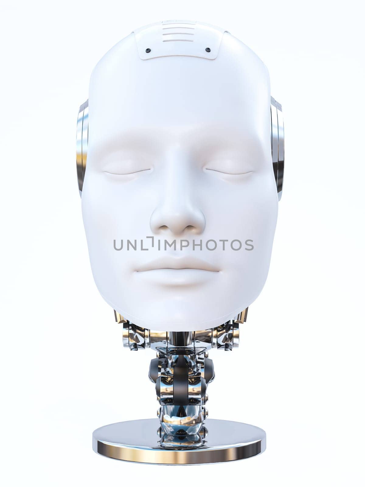 3D rendering of a severed android robot man head with eyes closed on a stand or podium. White background. Futuristic ai concept.