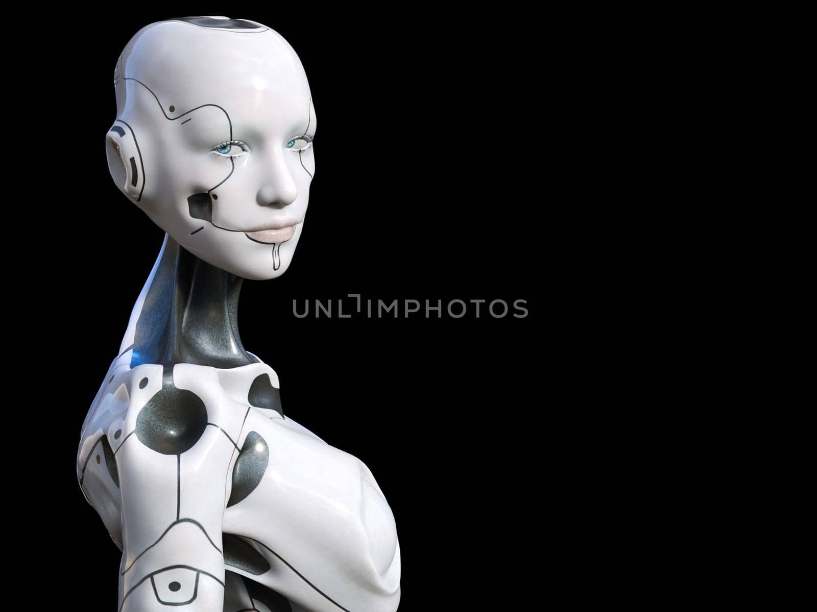 3D rendering of an android robot woman looking at you. Black background with copy space.