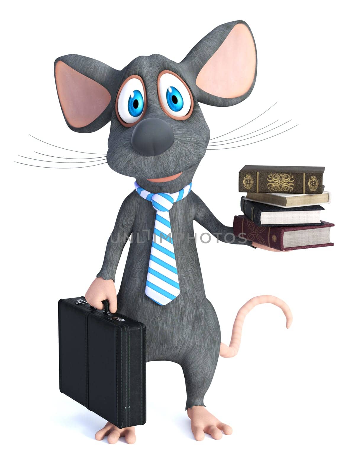 3D rendering of a cute cartoon mouse wearing a tie and holding briefcase and a pile of books looking like a businessman or lawyer. White background.