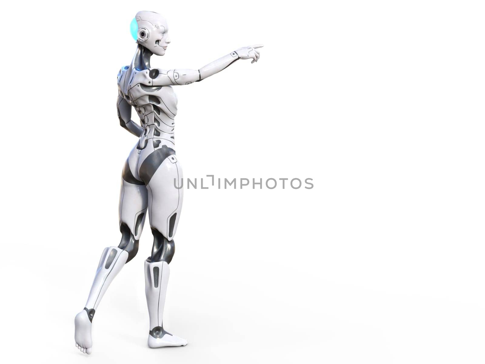 3D rendering of an android robot woman posing with her back against the camera and holding her arm out and pointing. White background with copy space.