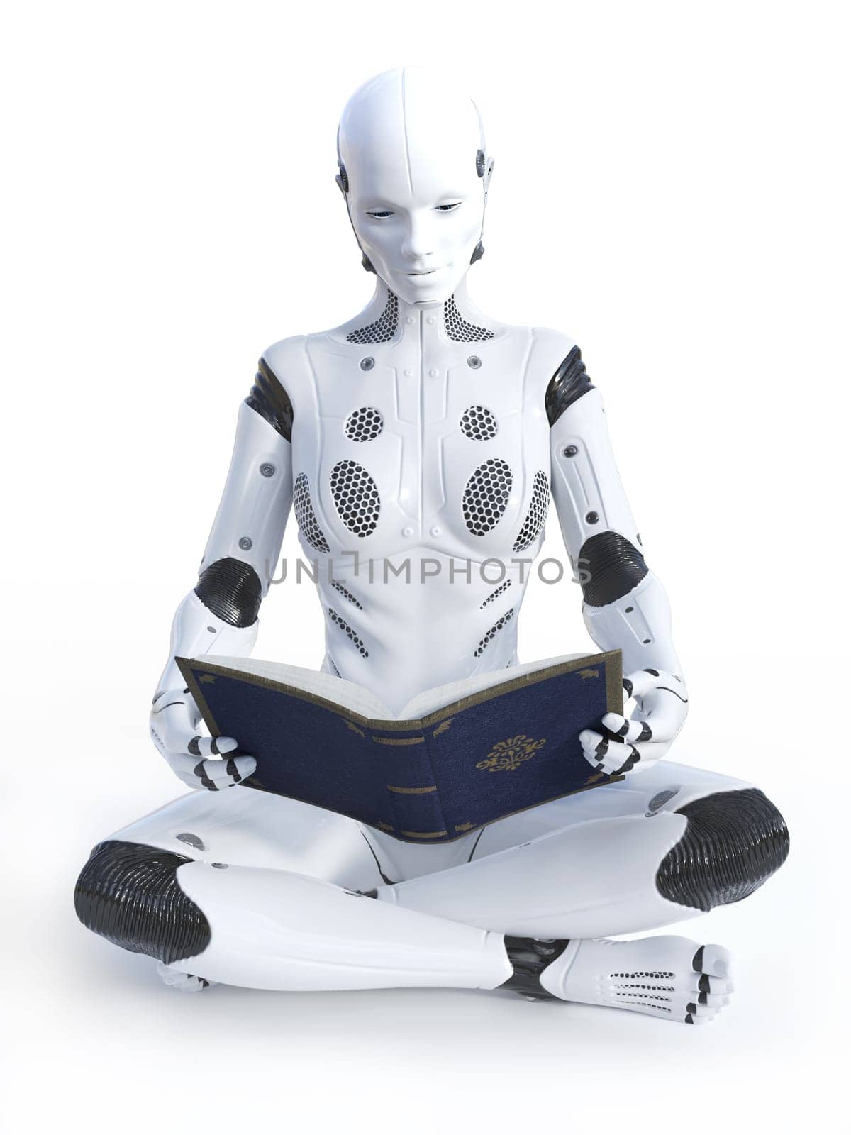 3D rendering of robotic woman sitting cross legged on the floor and reading a book. White background.