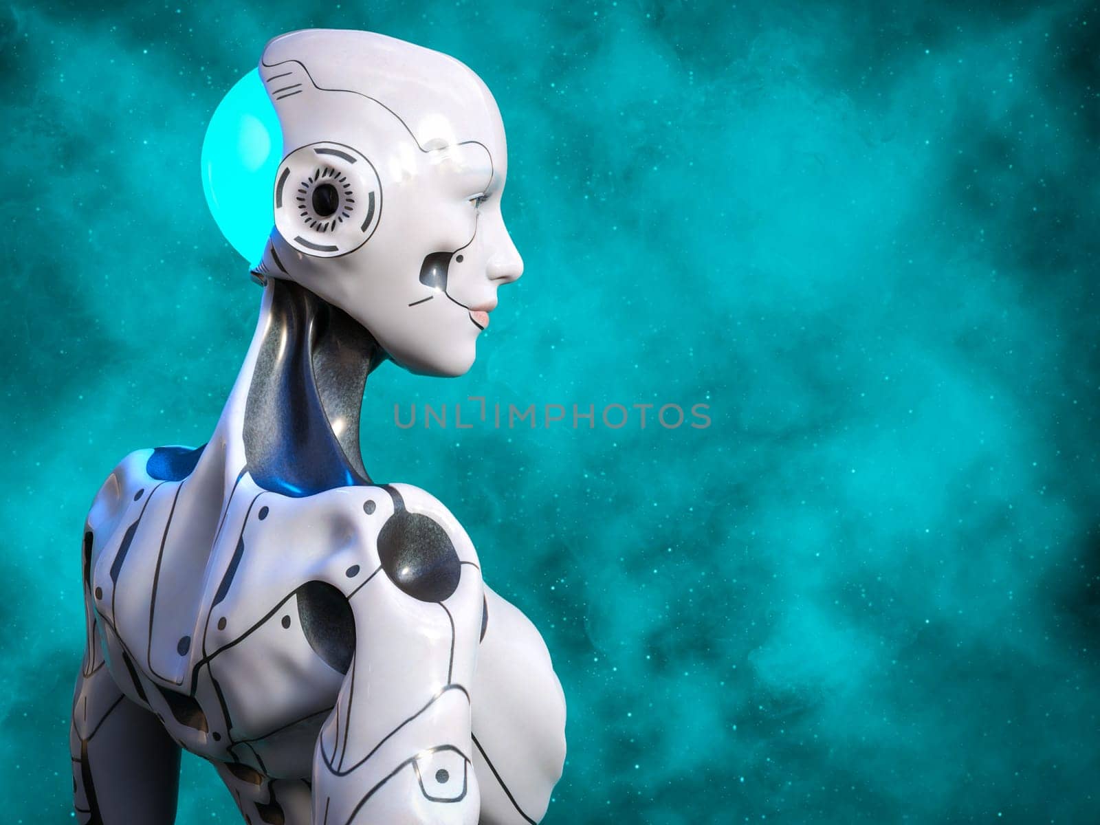3D rendering of an android robot woman posing with her back against the camera, gazing out in the turquoise space.