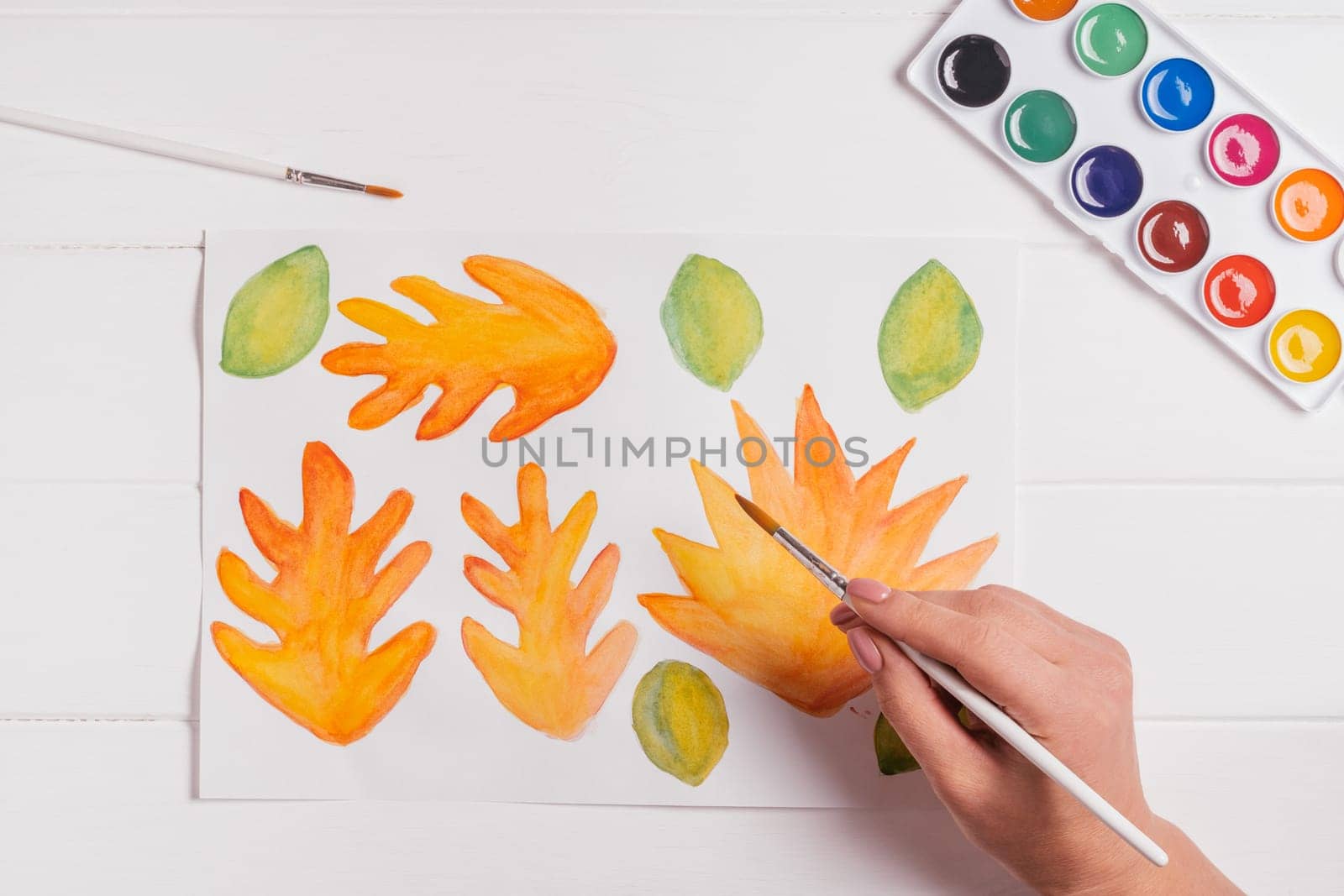 Female hand drawing autumn leaves of different shapes, sizes and colors with watercolors and brush on white wooden table. Top view. DIY handmade autumn decorations
