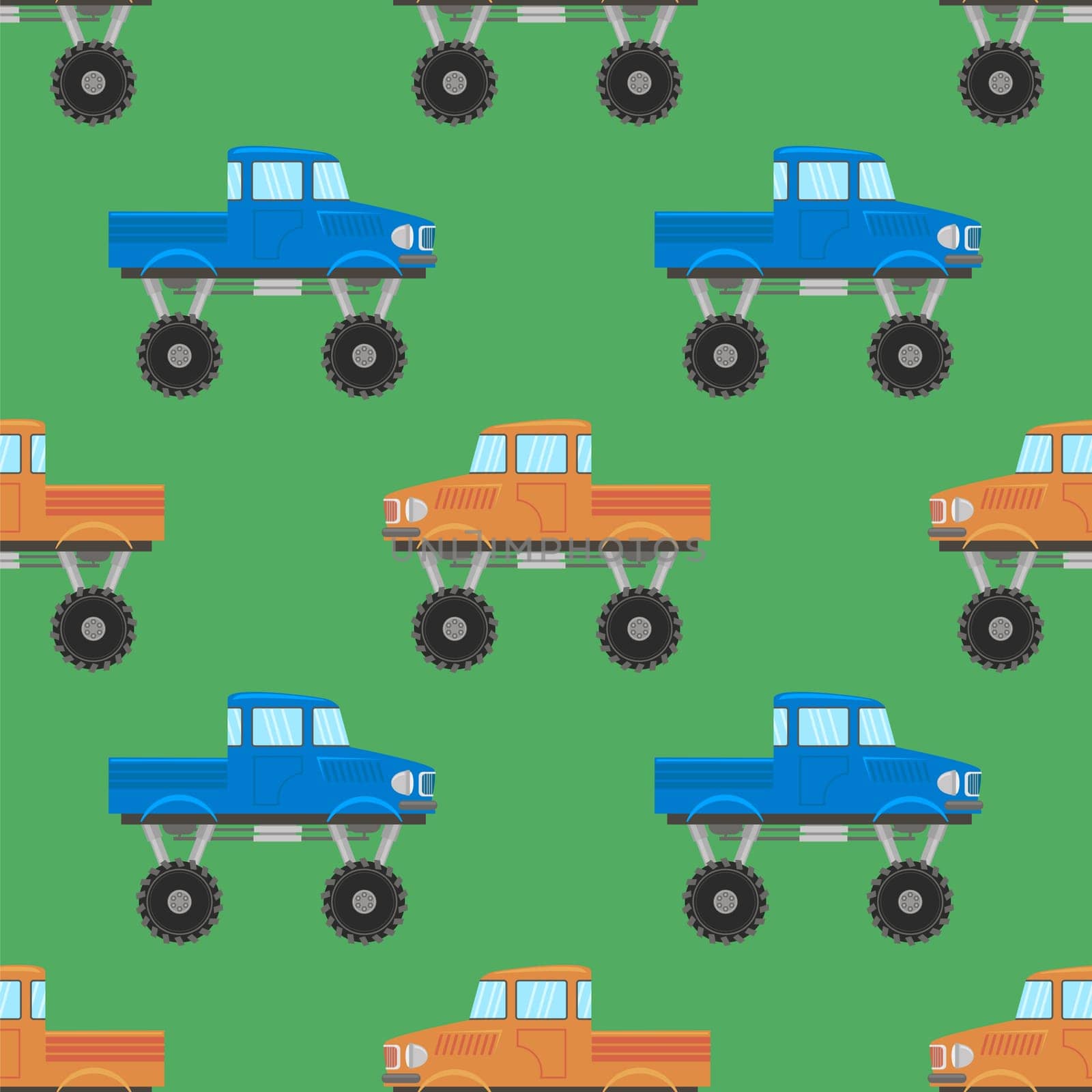Blue Red Monster Truck Icon Isolated on Green Background.