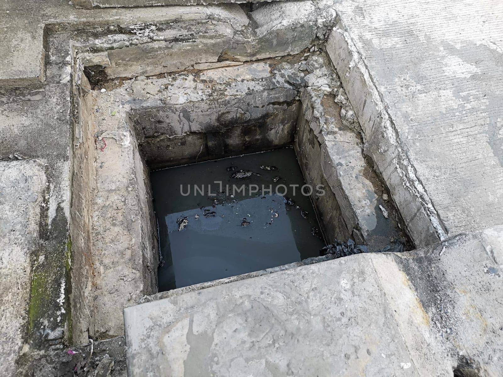 Manhole cover open in street and repair of roads. Accident with sewer hatch in city. Concept of sewage, underground utilities