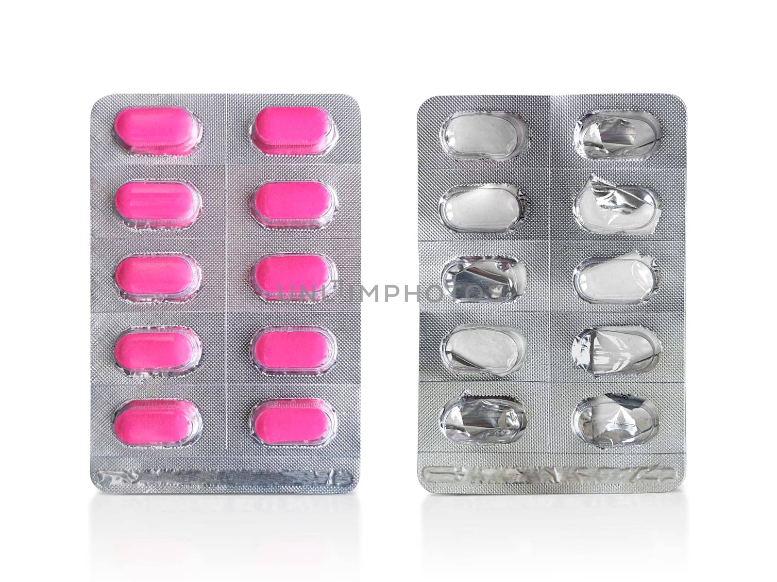 Package of pills and Used pills. Pharmacy and medicine concept