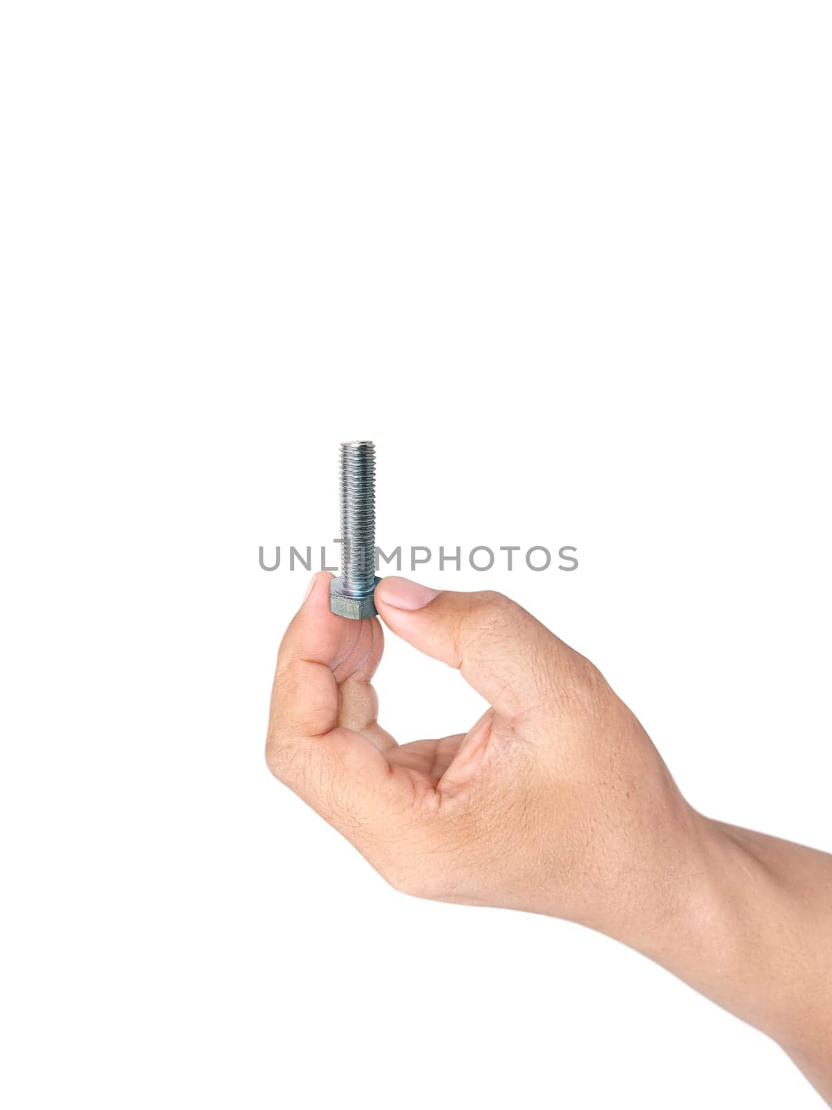 screw in a man's hand on a white background