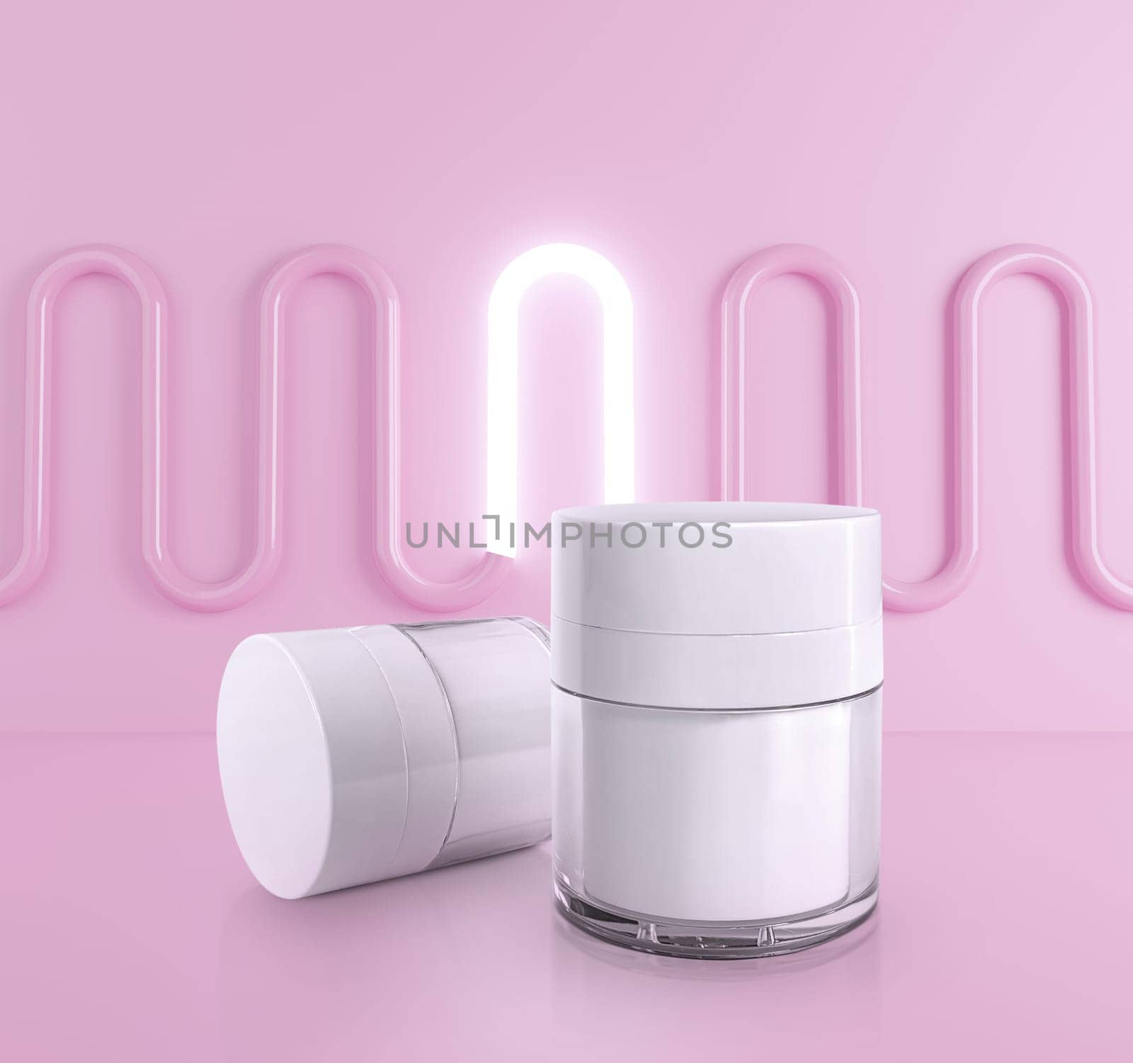 Realistic cream jar with on pastel pink background light bulb. Advertising poster for the promotion of cosmetic skin care premium product. 3d render