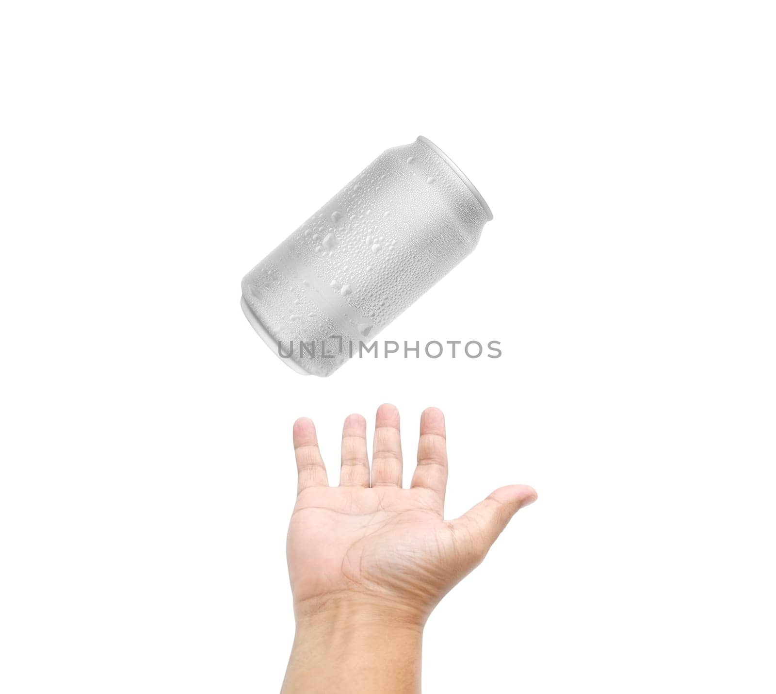 Soft drink cans and men's hand on white background.