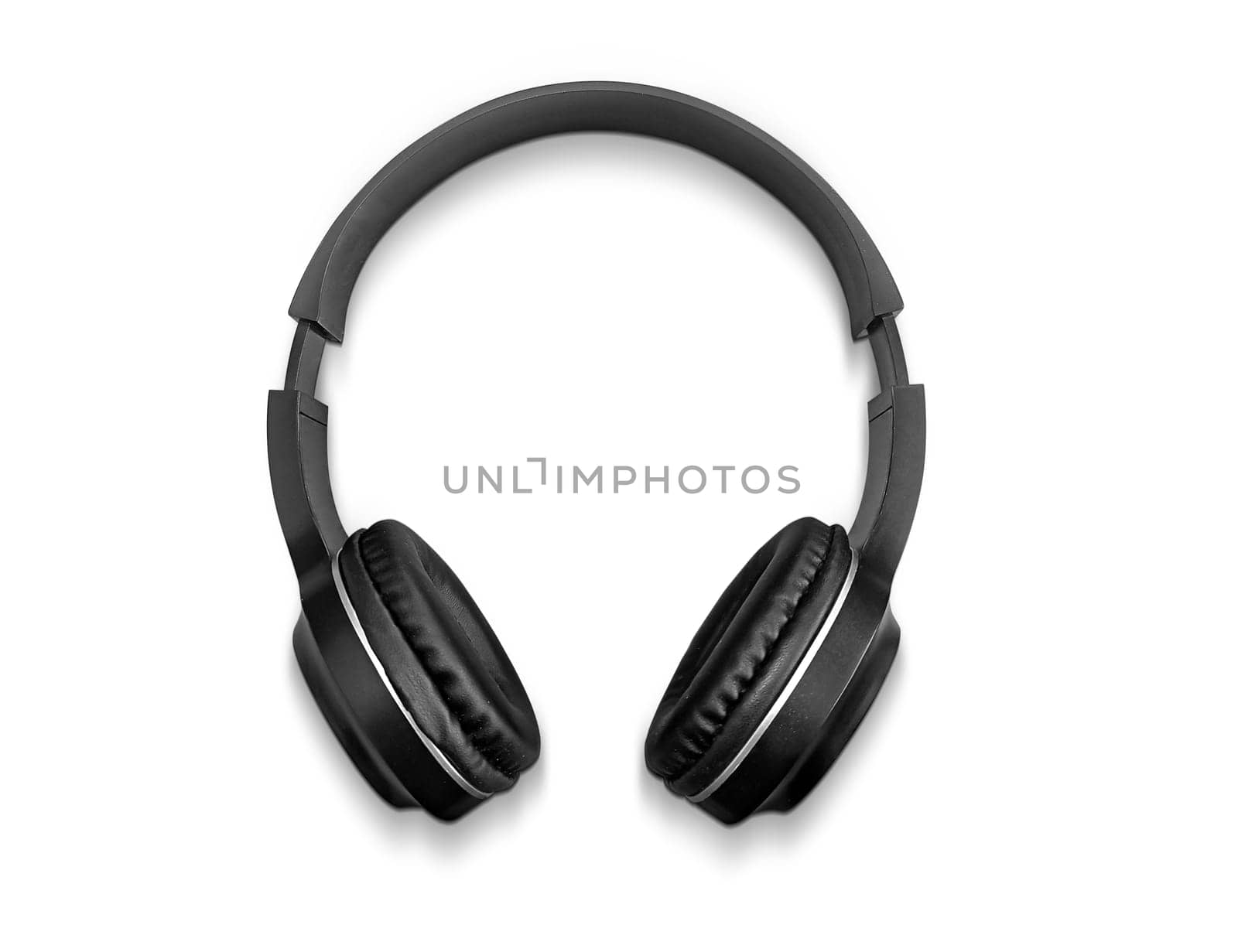 Black headphone isolate on white background. top view