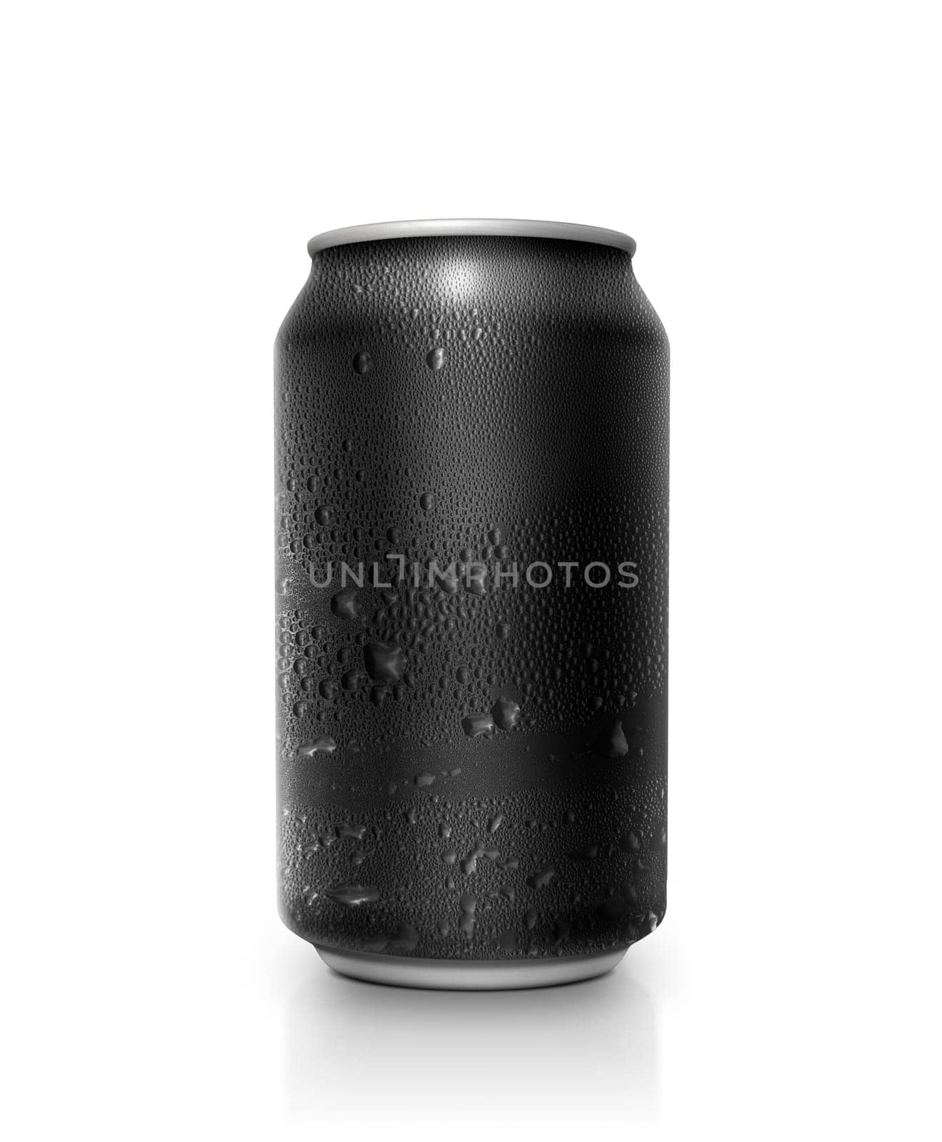 Black aluminum cans with water droplets on a white Background
