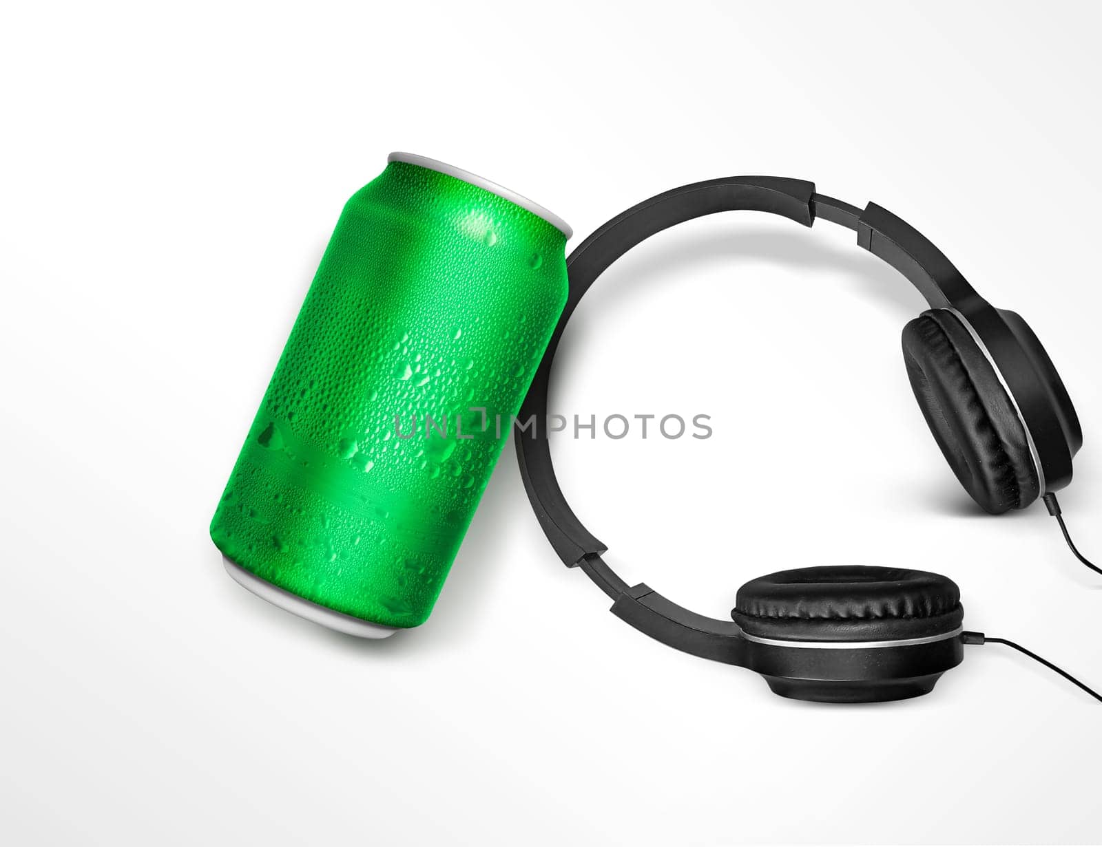 modern headphones and can on white background. concept music festival