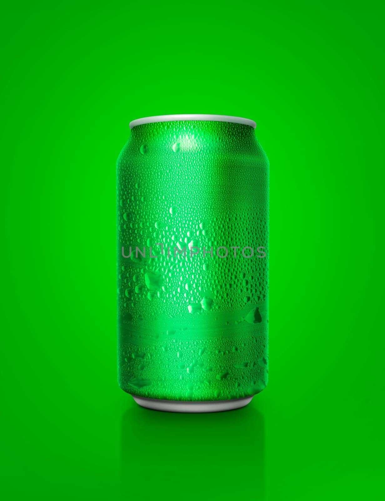 Green aluminum cans with water droplets on a green Background