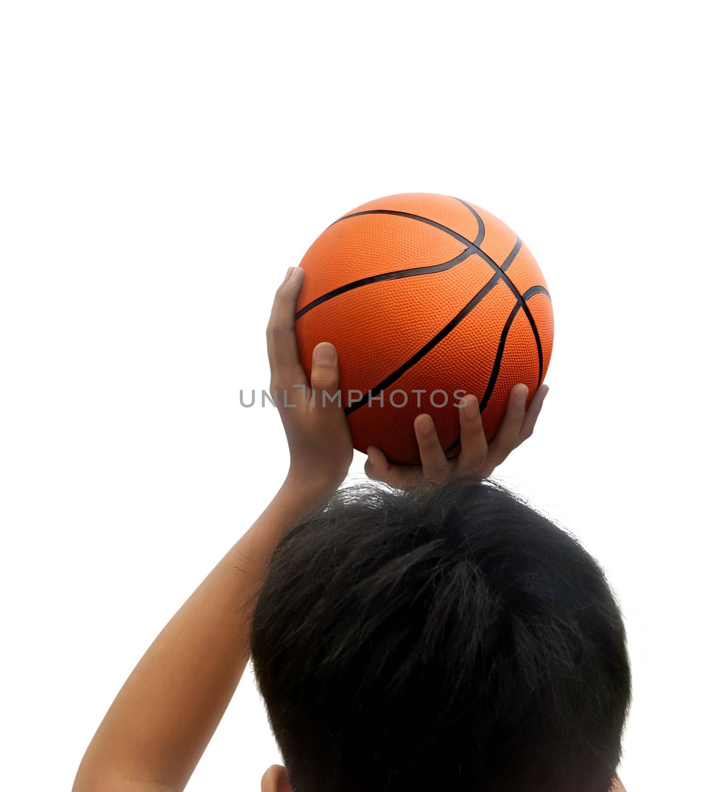 Hand and basketball isolated on white background