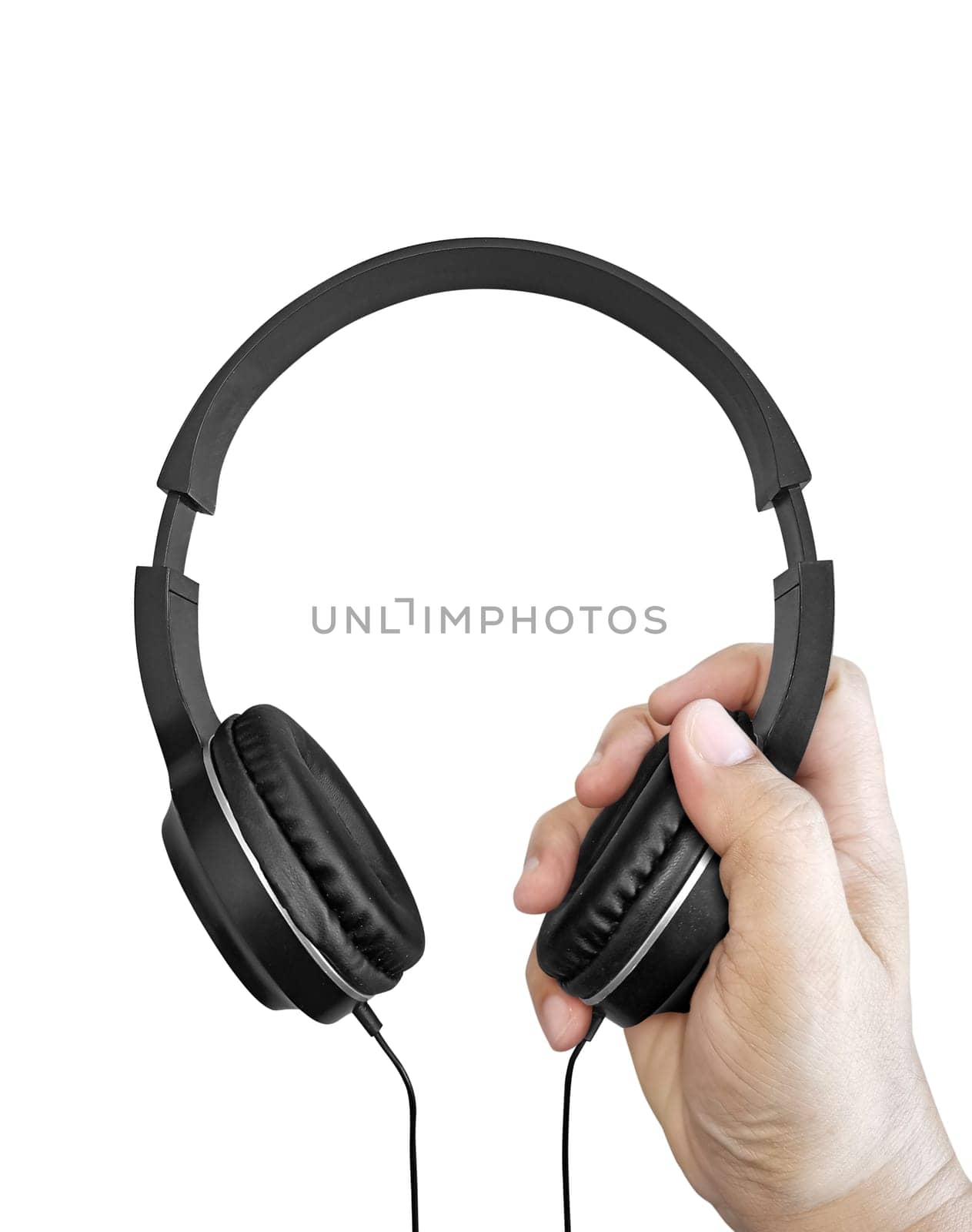 Hand with modern headphones on white background