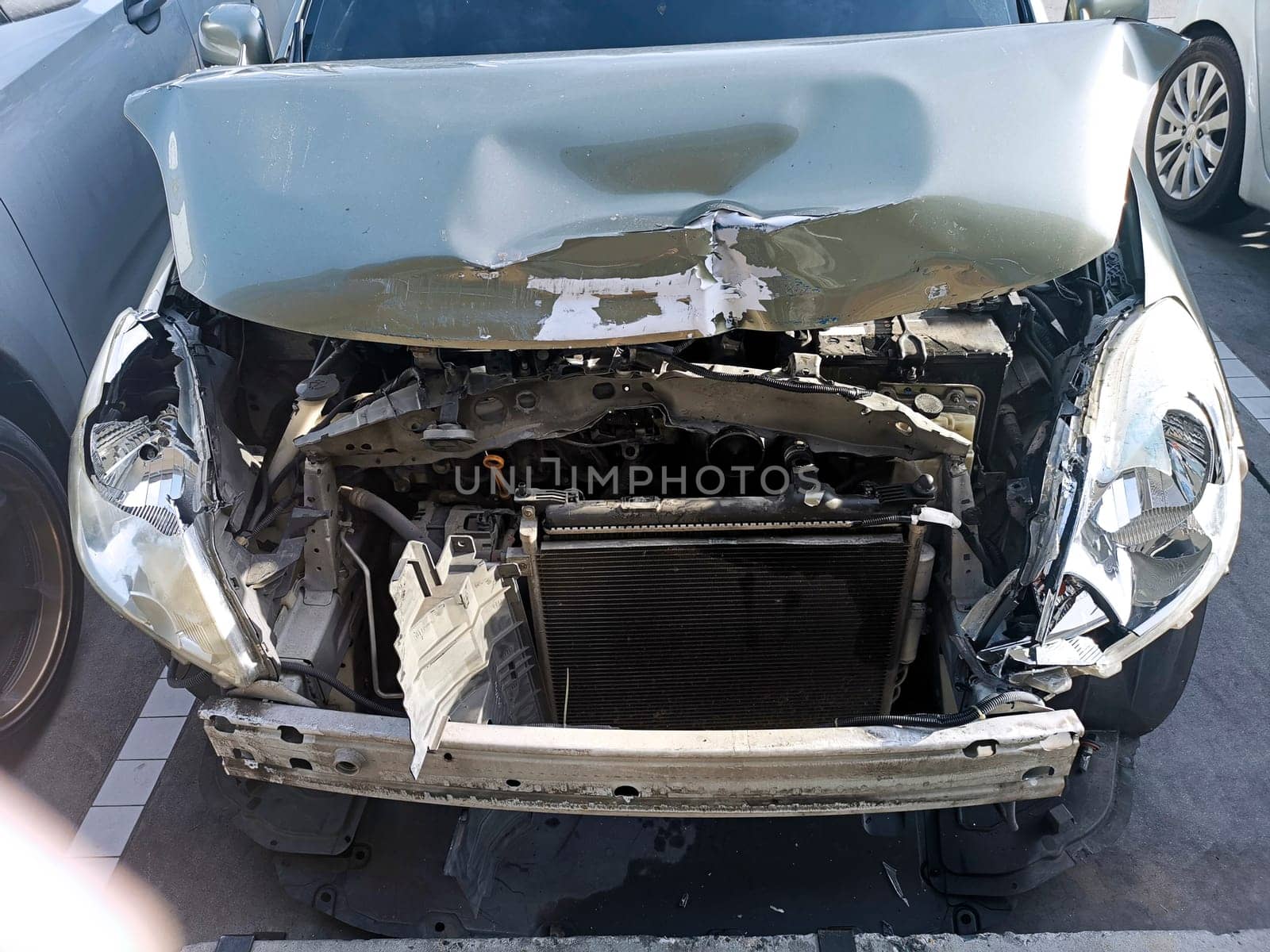 The front of the car was damaged in a road accident