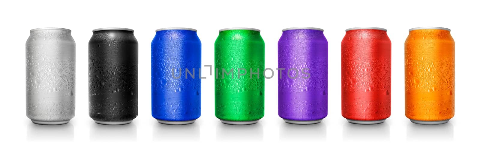 Silver aluminum can, white, black, blue, green, purple, red, orange isolated from canned white background with water droplets