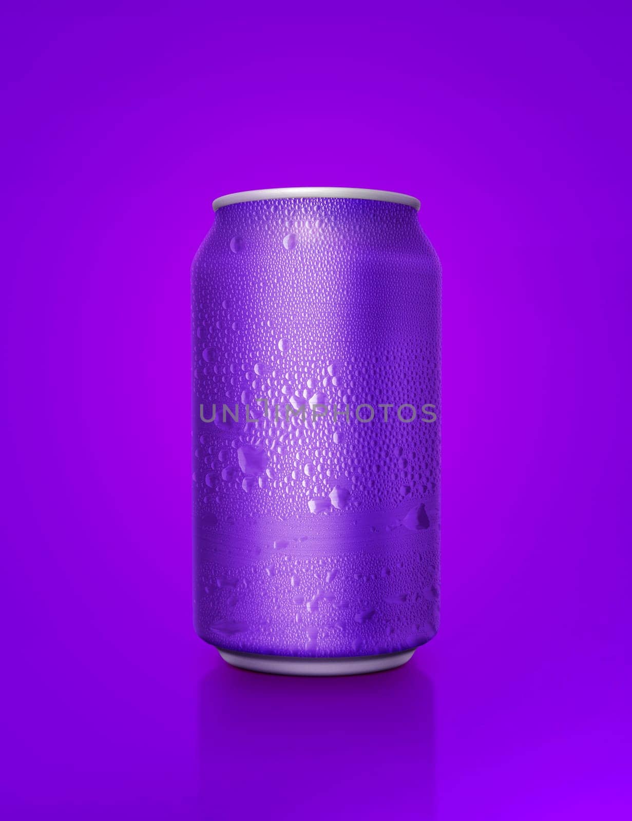 Purple aluminum cans with water droplets on a Purple Background