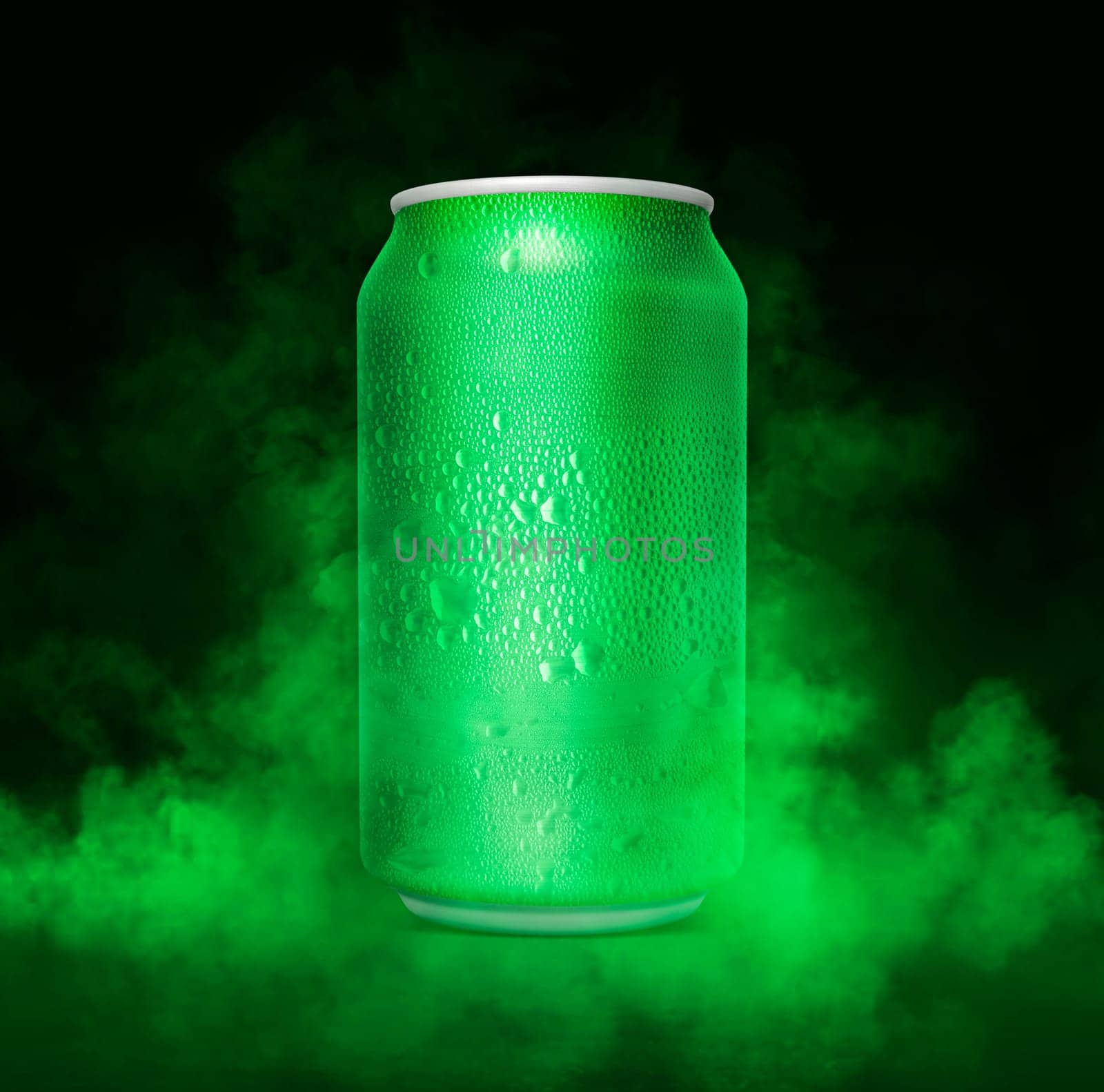 An unbranded freezing cold aluminum tin can with cold vapor an isolated dark studio background. 3D render