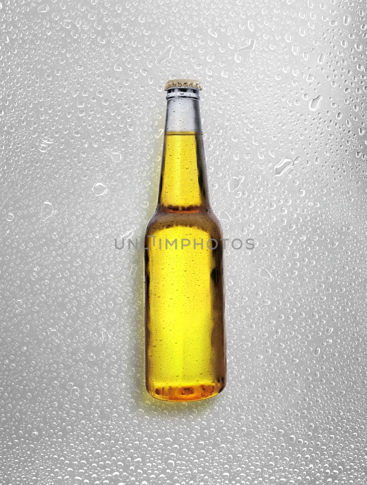 Beer bottle with water drops on water drops background. 3d render