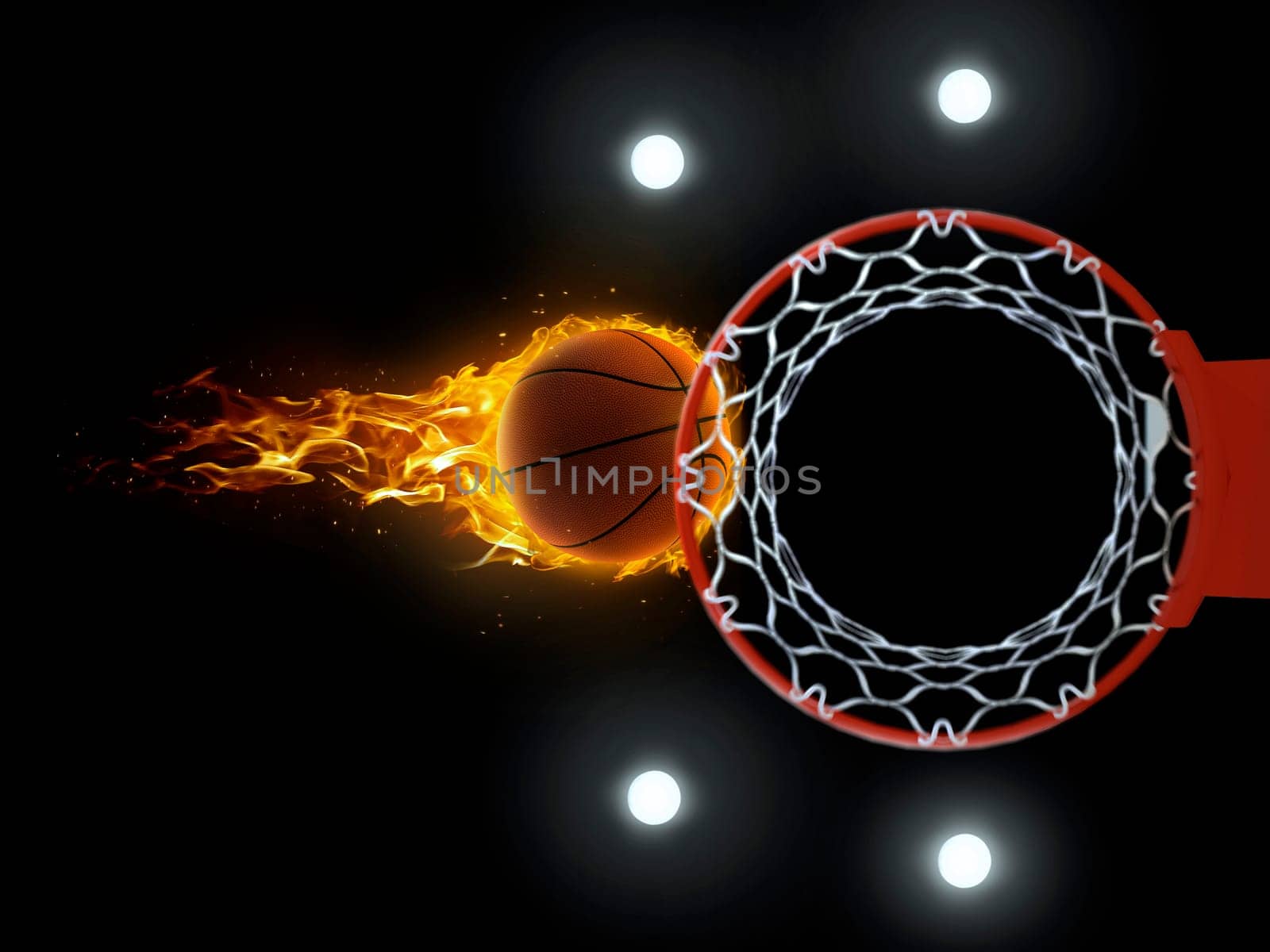 3D illustration of fiery basketball ball flying to hoop on black background