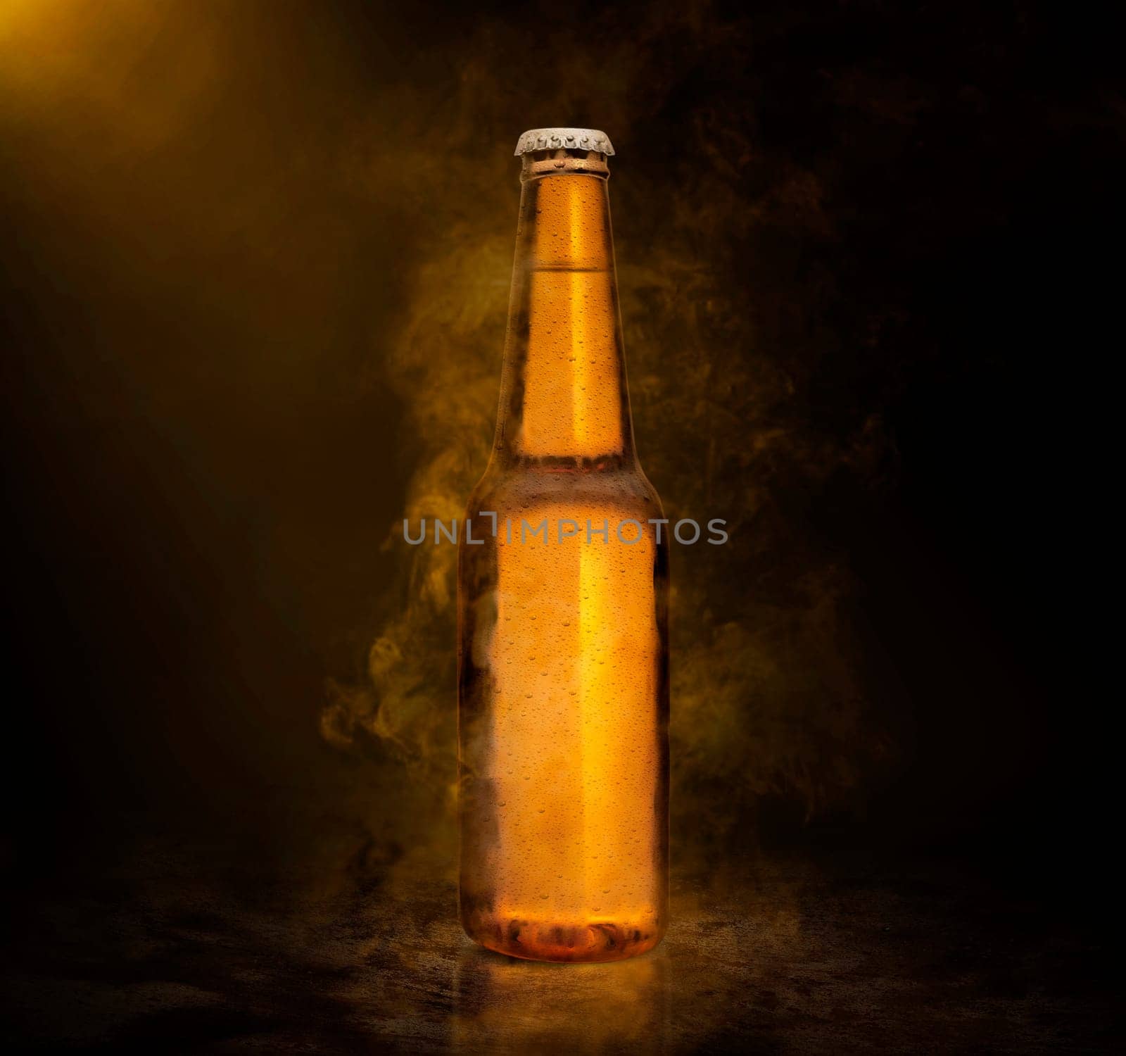 Beer bottle with water drops on the color smoke background. 3d render