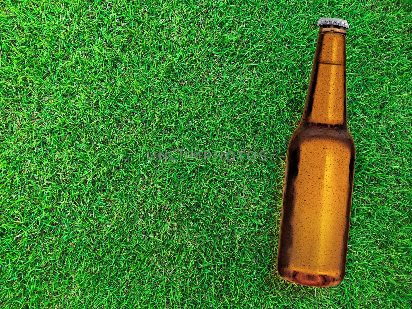 Beer bottle with water drops on green field of grass background