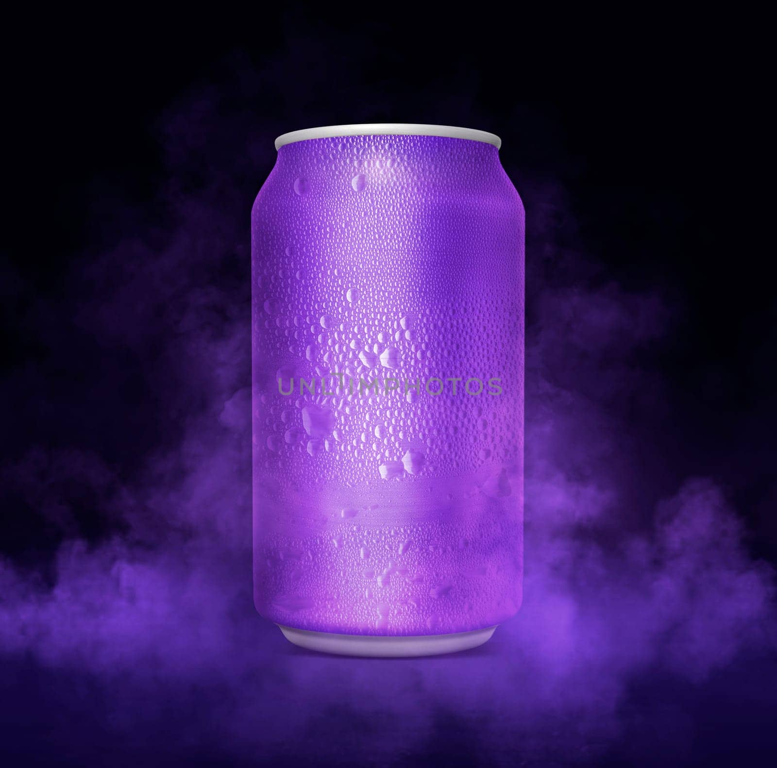 An unbranded freezing cold aluminum tin can with cold vapor an isolated dark studio background. 3D render