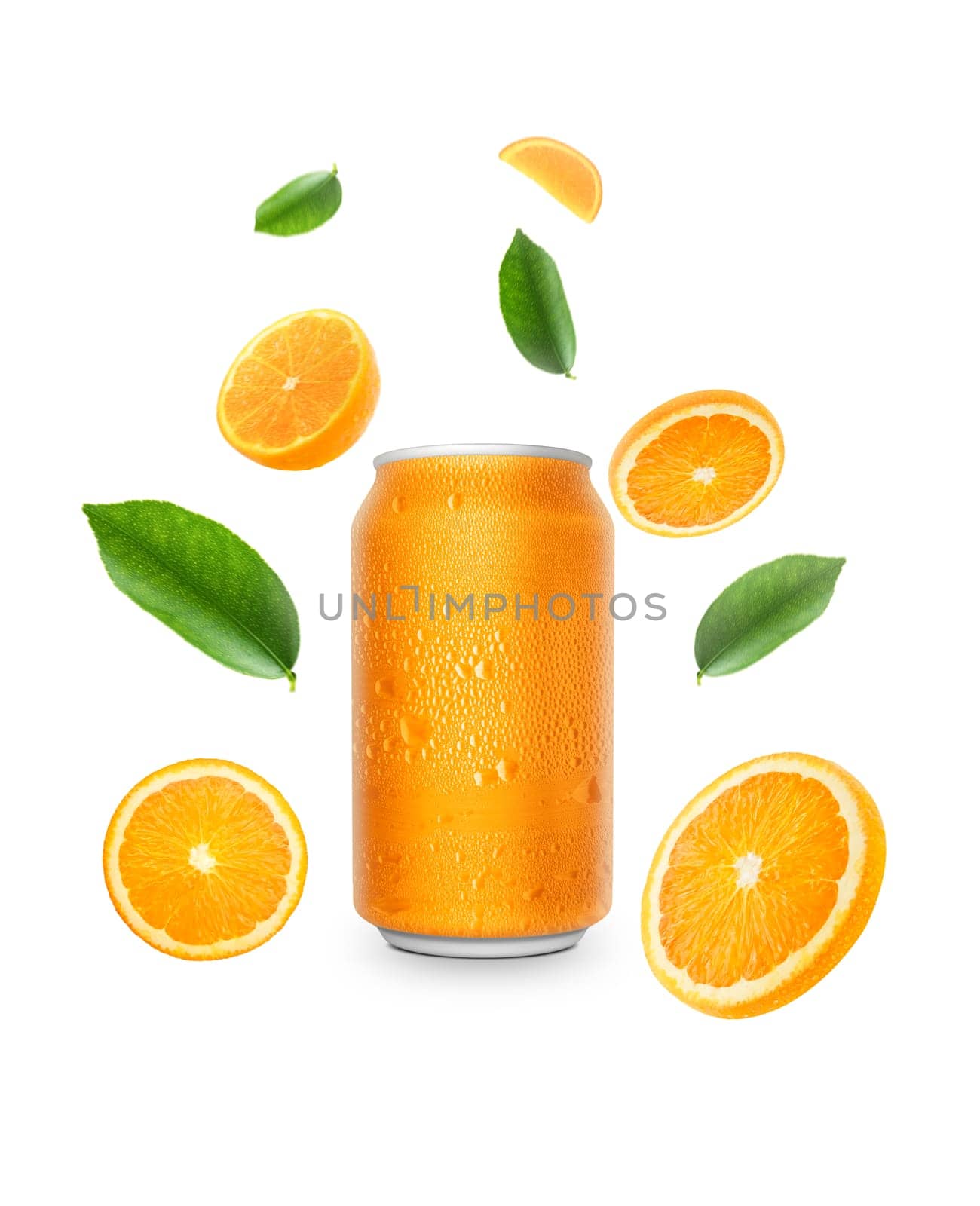Aluminum orange soda can and falling juicy oranges with green leaves isolated on background. Flying defocusing slices of oranges. Applicable for fruit juice advertising
