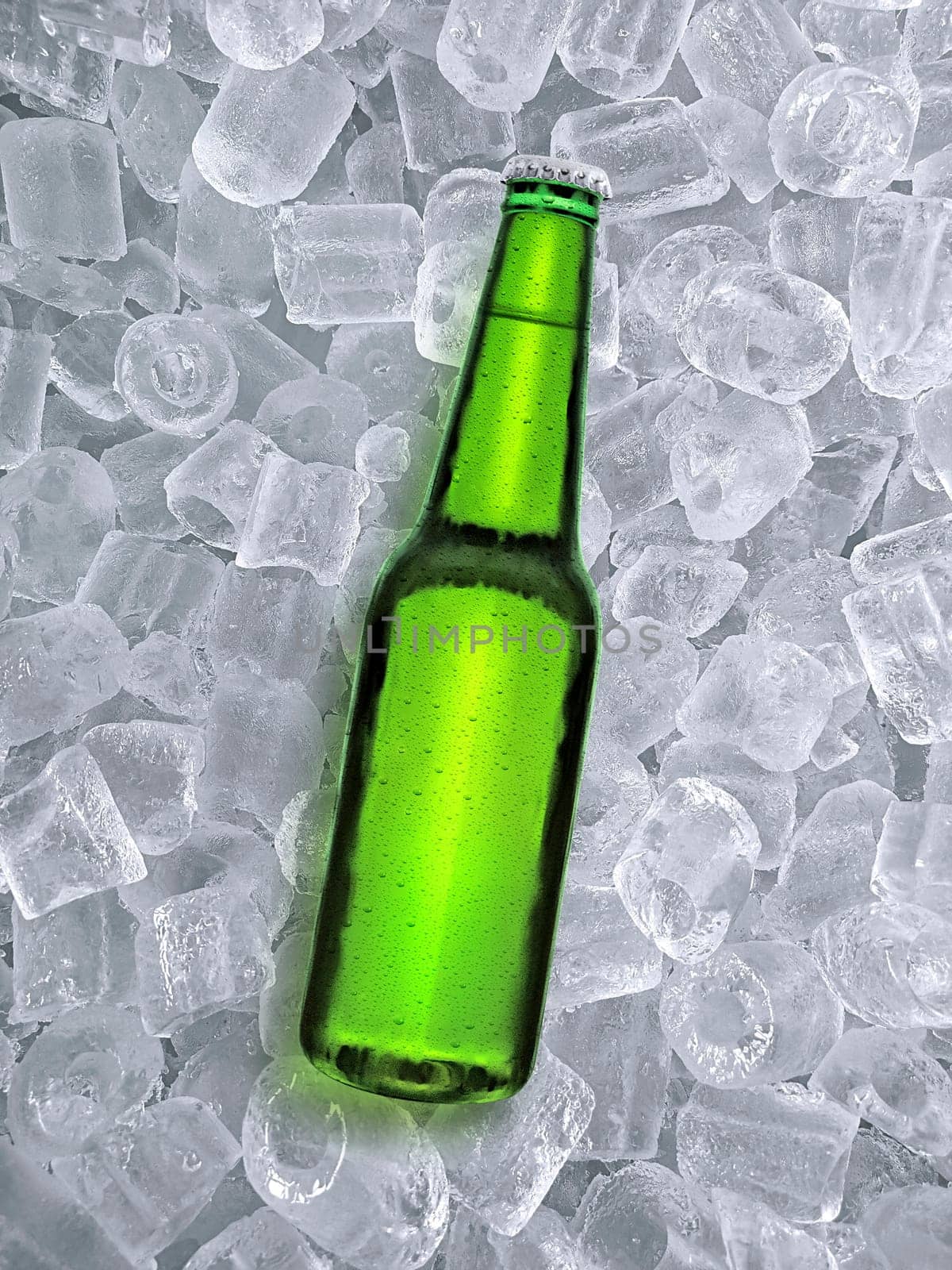 Beer bottle with water drops of cold beverage, ice cube a of juicy. Summer refreshing drink
