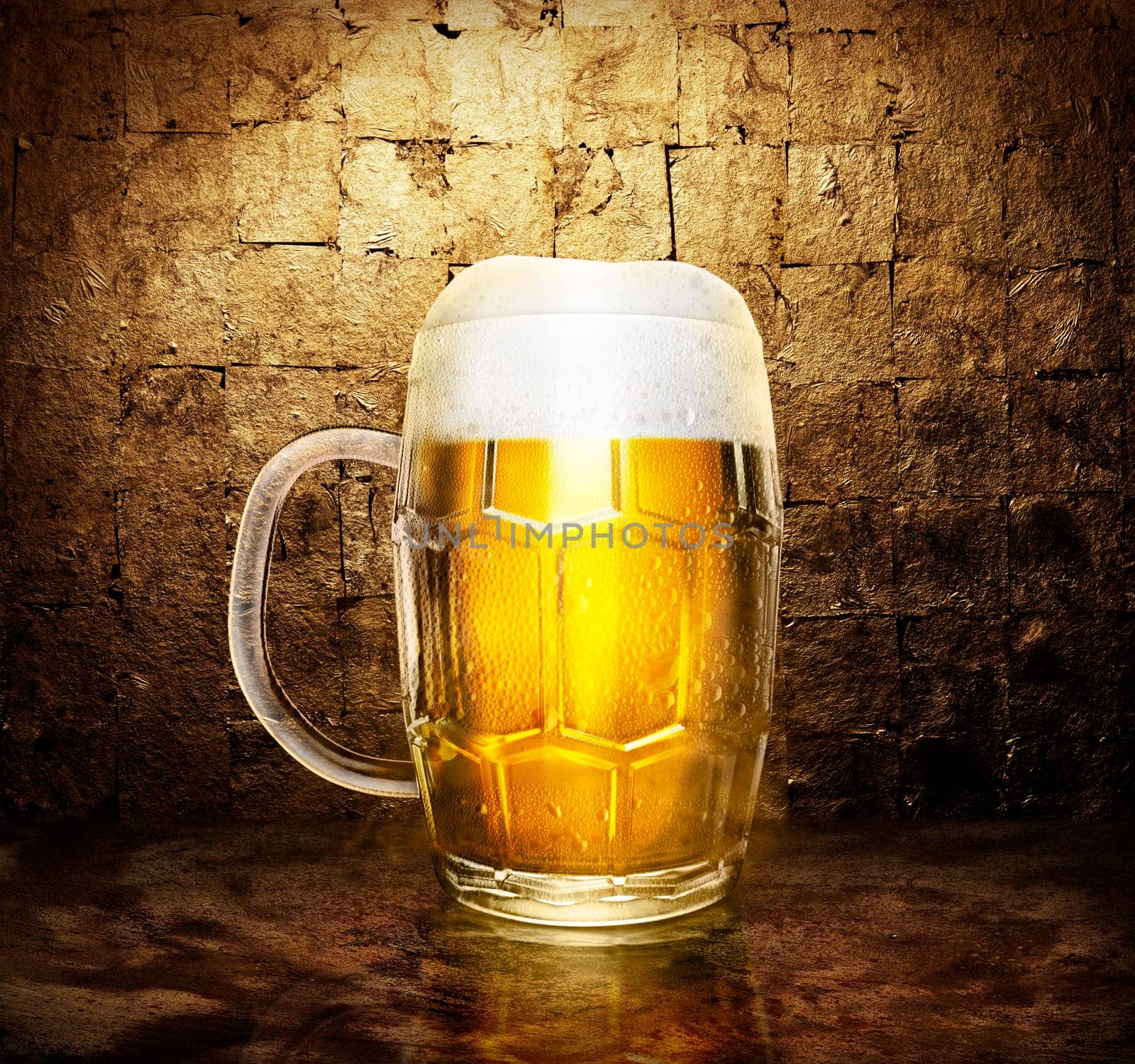 beer glass on dark golden color background. 3d render