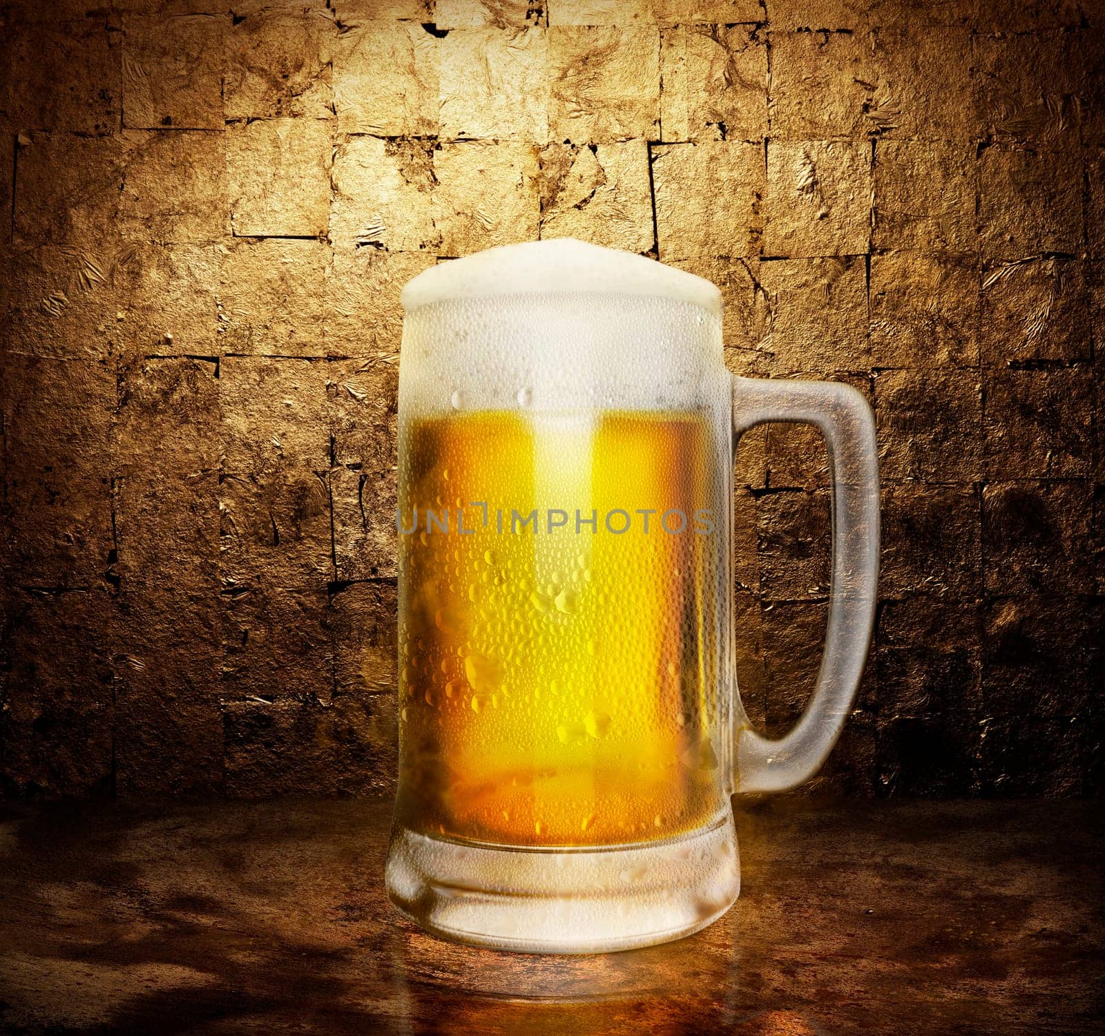 beer glass on dark golden color background. 3d render