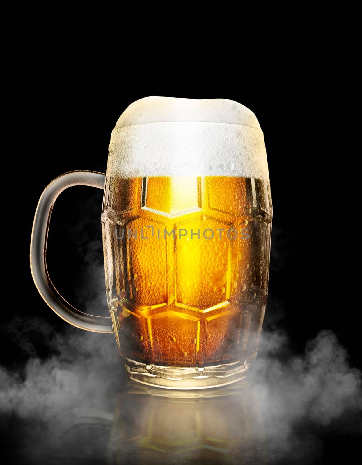 Beer glass with water drops on the white color smoke dark background. 3d render
