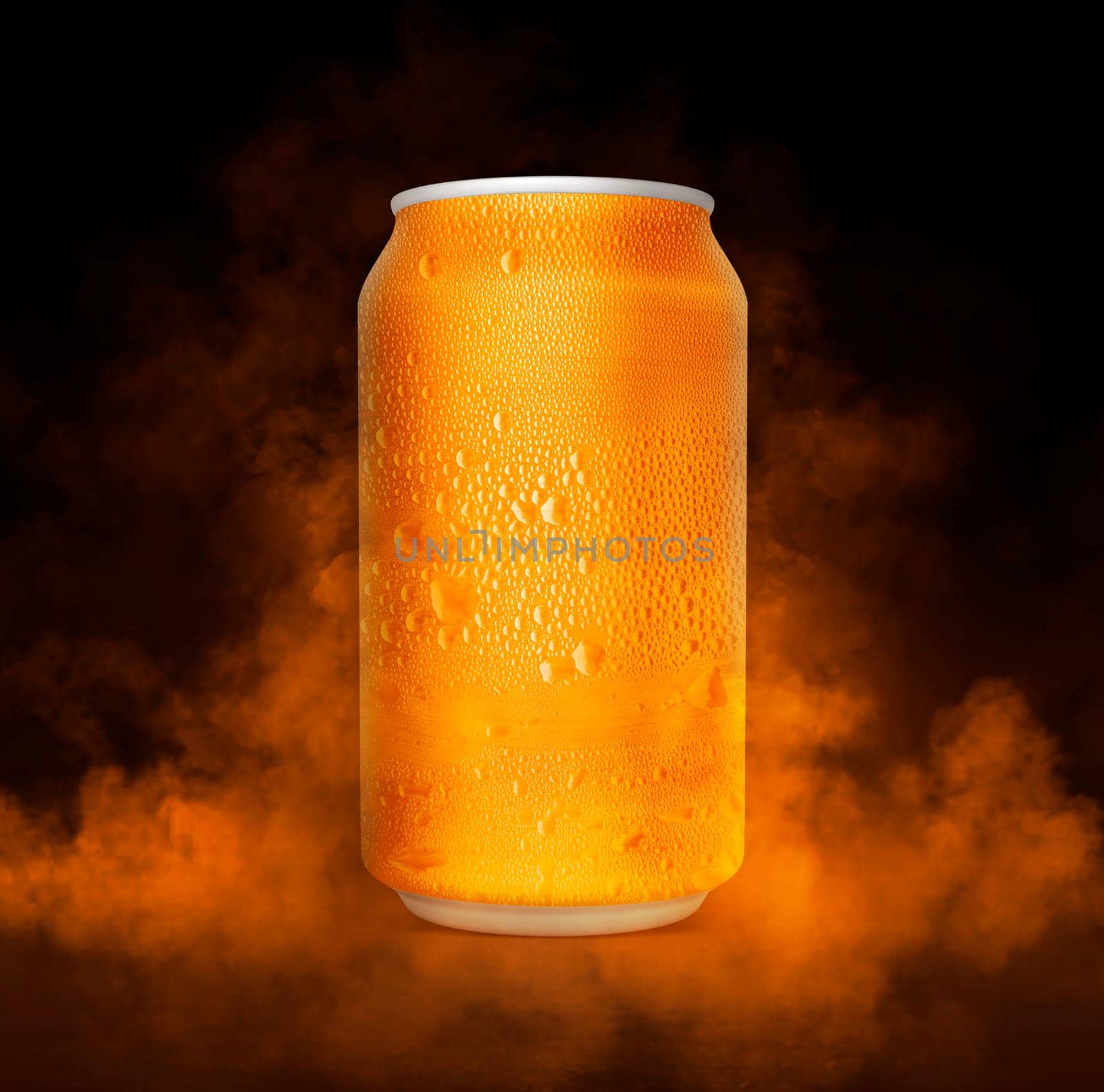 An unbranded freezing cold aluminum tin can with cold vapor an isolated dark studio background. 3D render