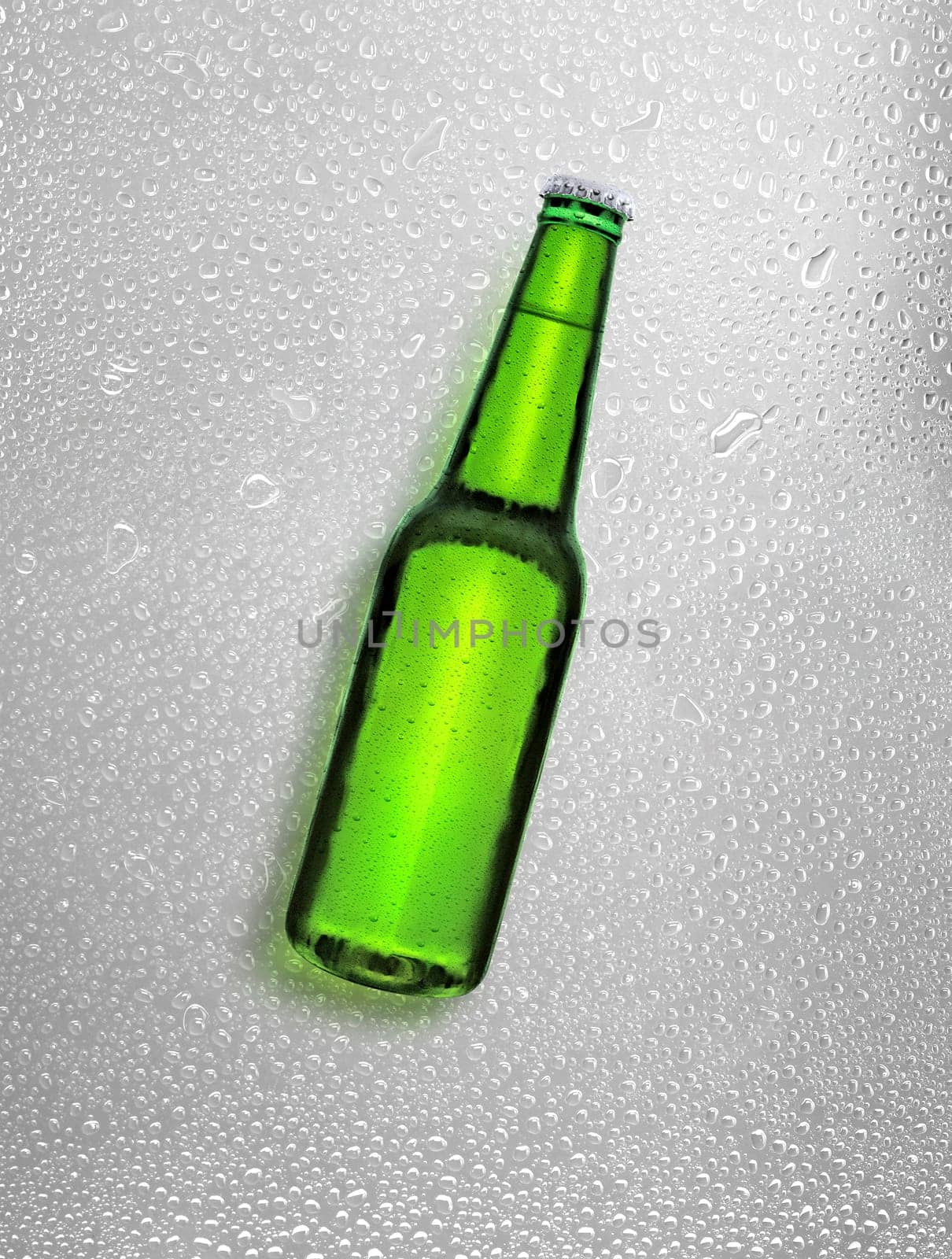 Beer bottle with water drops on water drops background. 3d render
