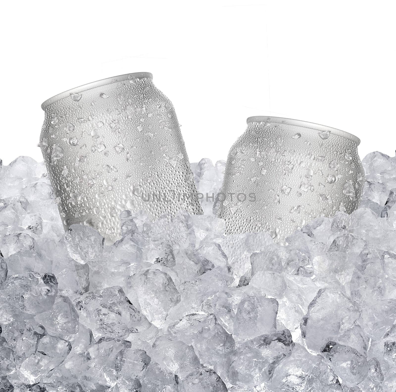 Cans with water droplets and ice on ice cubes Isolated on white background