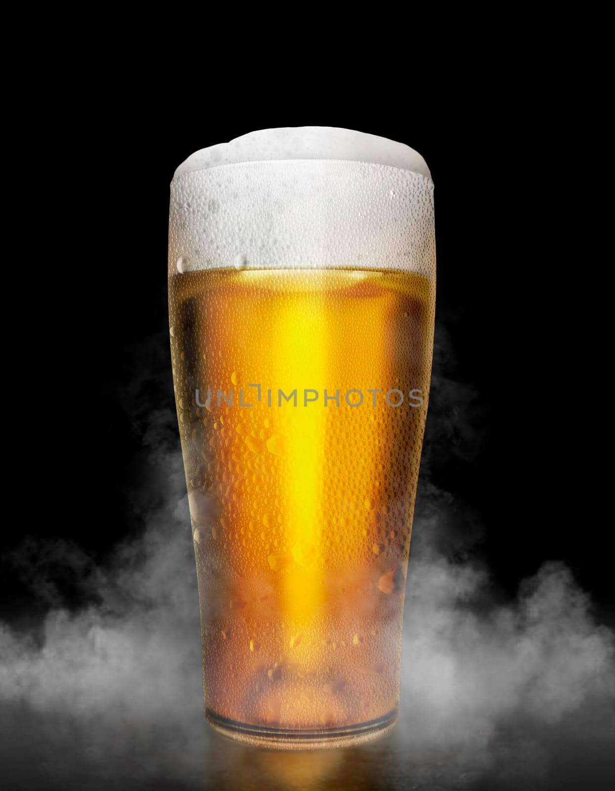 Beer glass with water drops on the white color smoke dark background. 3d render