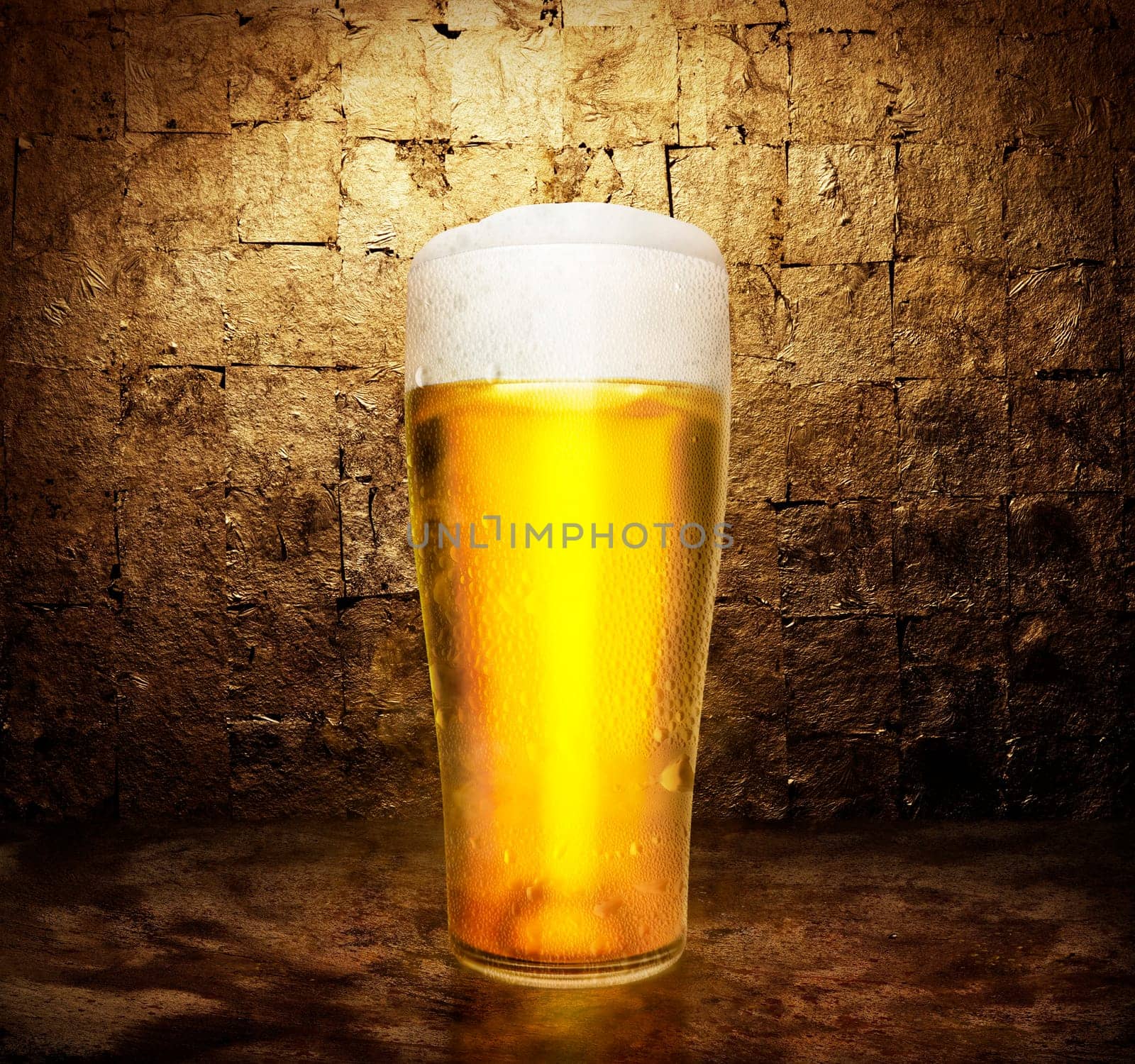 beer glass on dark golden color background. 3d render